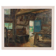 Signed Dutch Workshop Interior Oil Painting