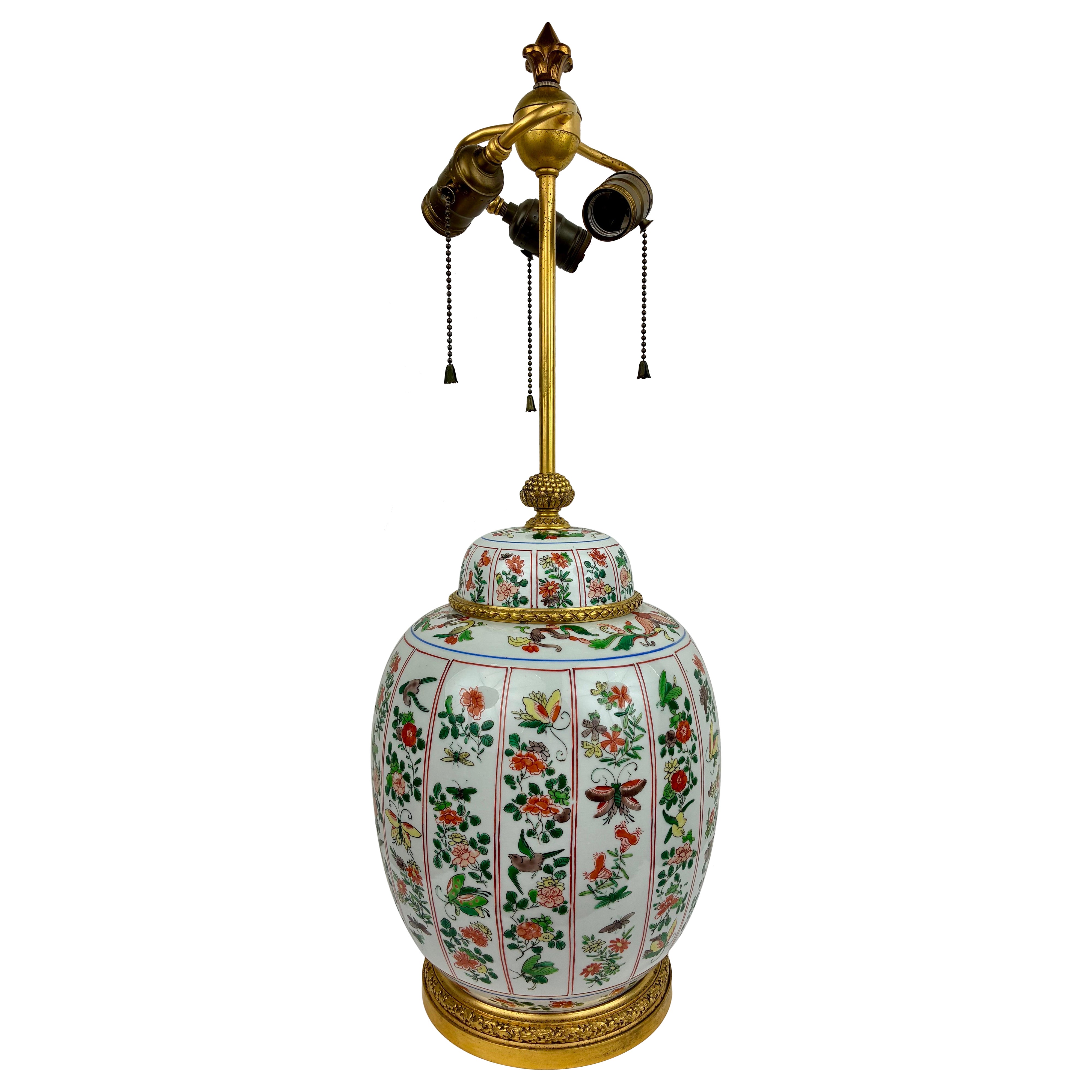 Signed E. F. Caldwell Chinese Porcelain and Gilt Bronze Lamp.