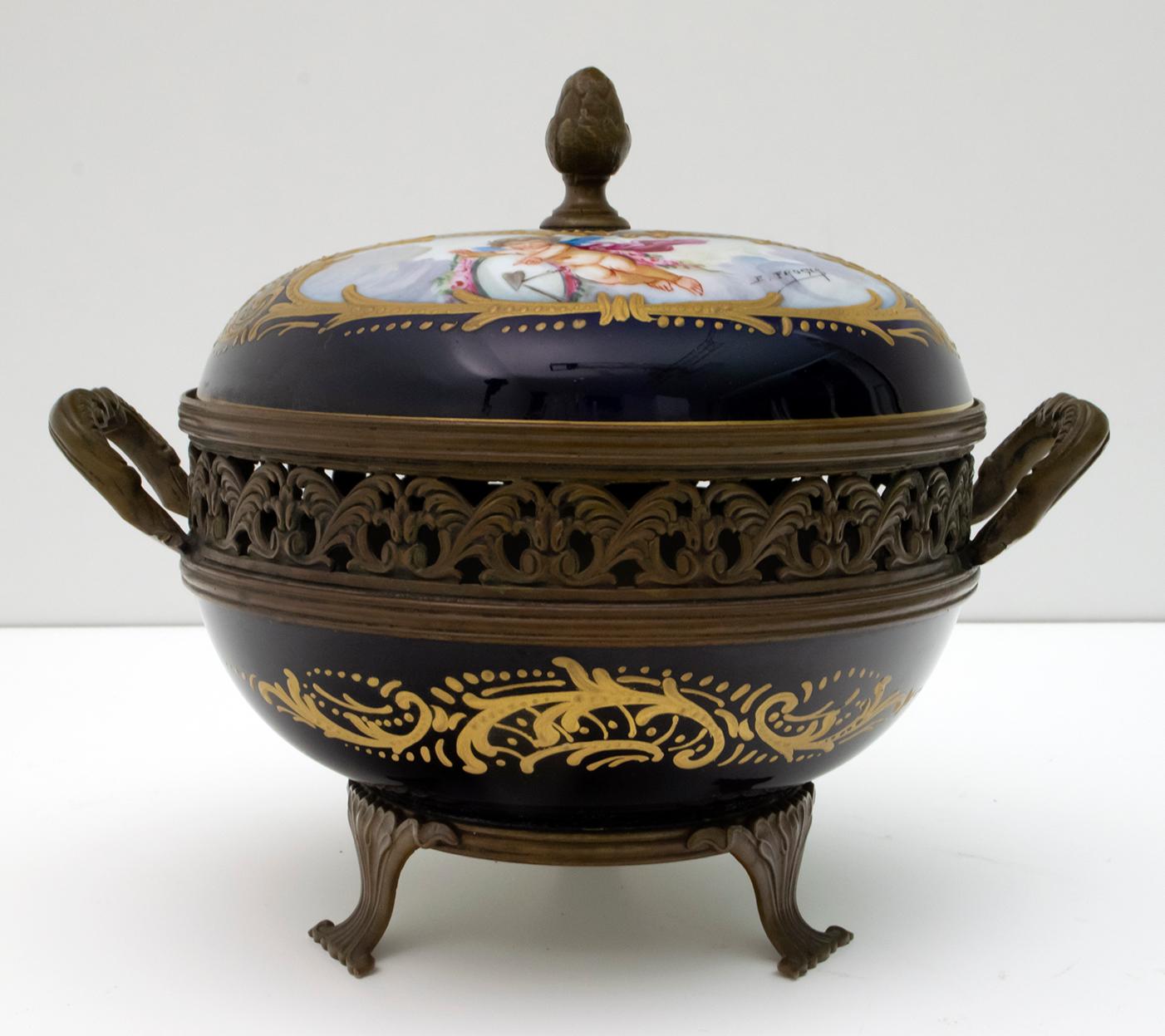 Patinated Signed E. Froger 19th Century French Porcelain Potpourri by Sevres, 1880 For Sale