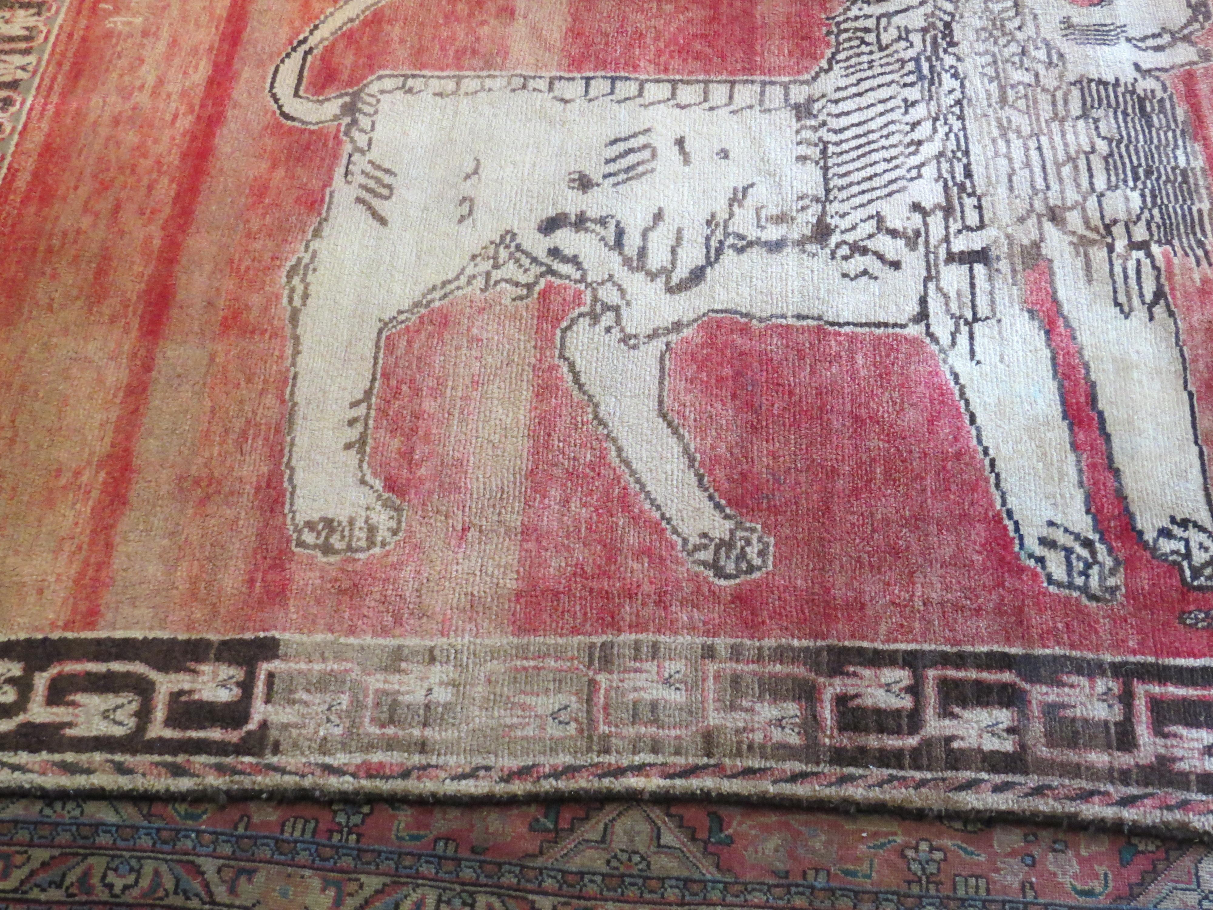East Turkestani Signed Early 1900s Antique East Turkestan Khotan Samarkand Lion Pictorial Rug For Sale