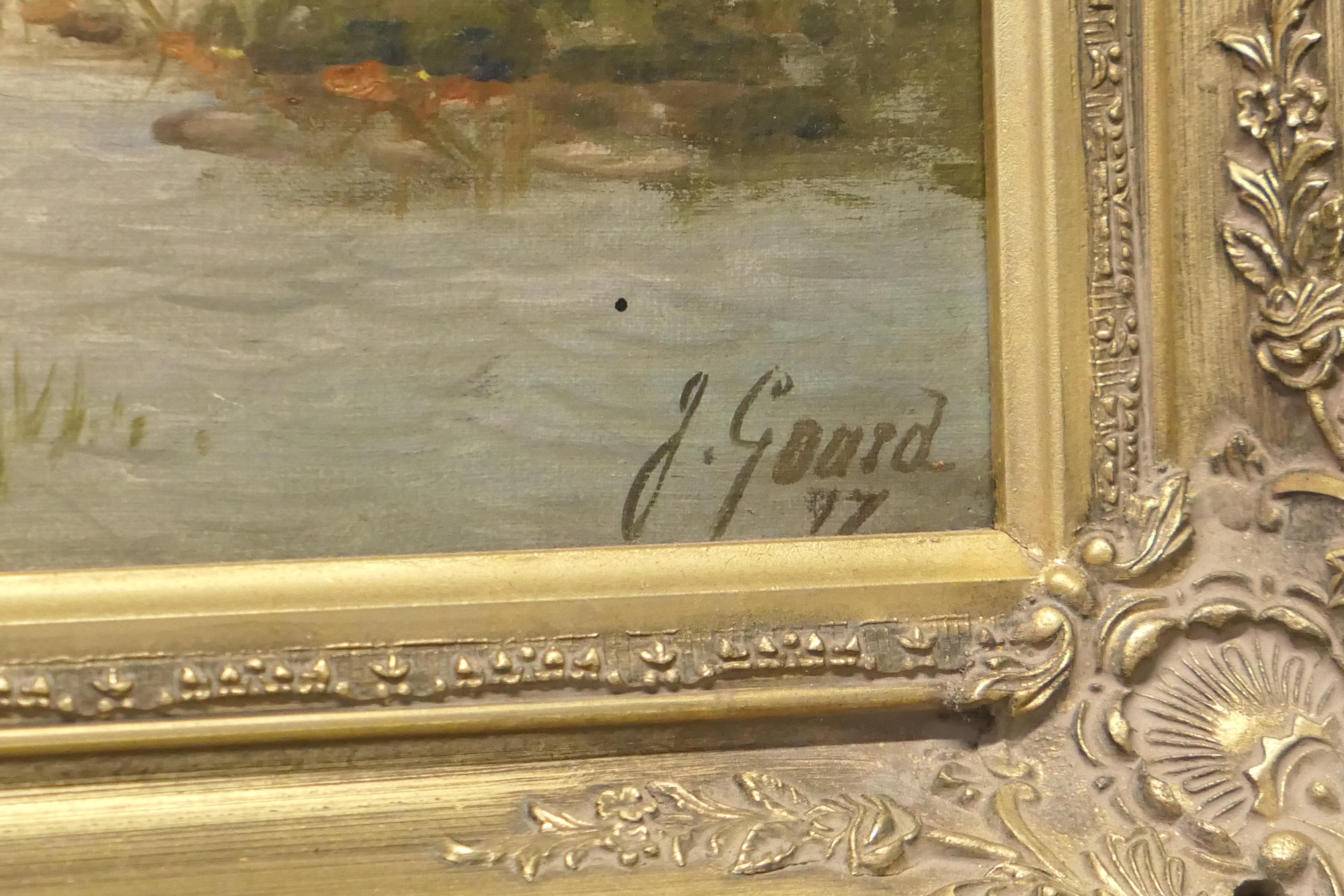 Pittura ad olio dei primi del Novecento firmata, Mattina di campagna di J Gouard

Il dipinto  Il dipinto rappresenta il bestiame che si abbevera in un ruscello in un'elaborata cornice dorata. Il dipinto è in buone condizioni con due piccole