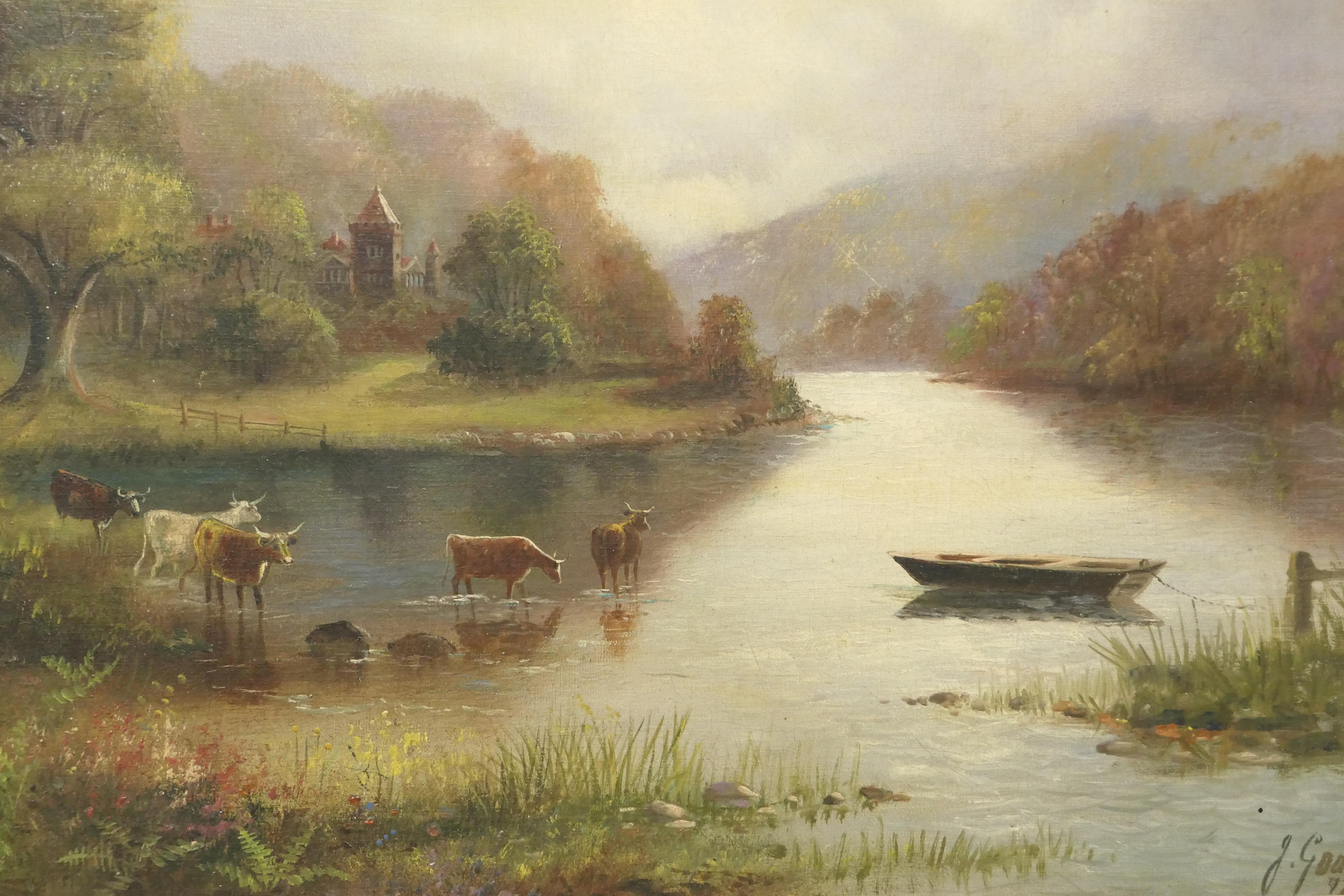 Tela Pittura ad olio dei primi del Novecento firmata, Mattina di campagna di J Gouard in vendita