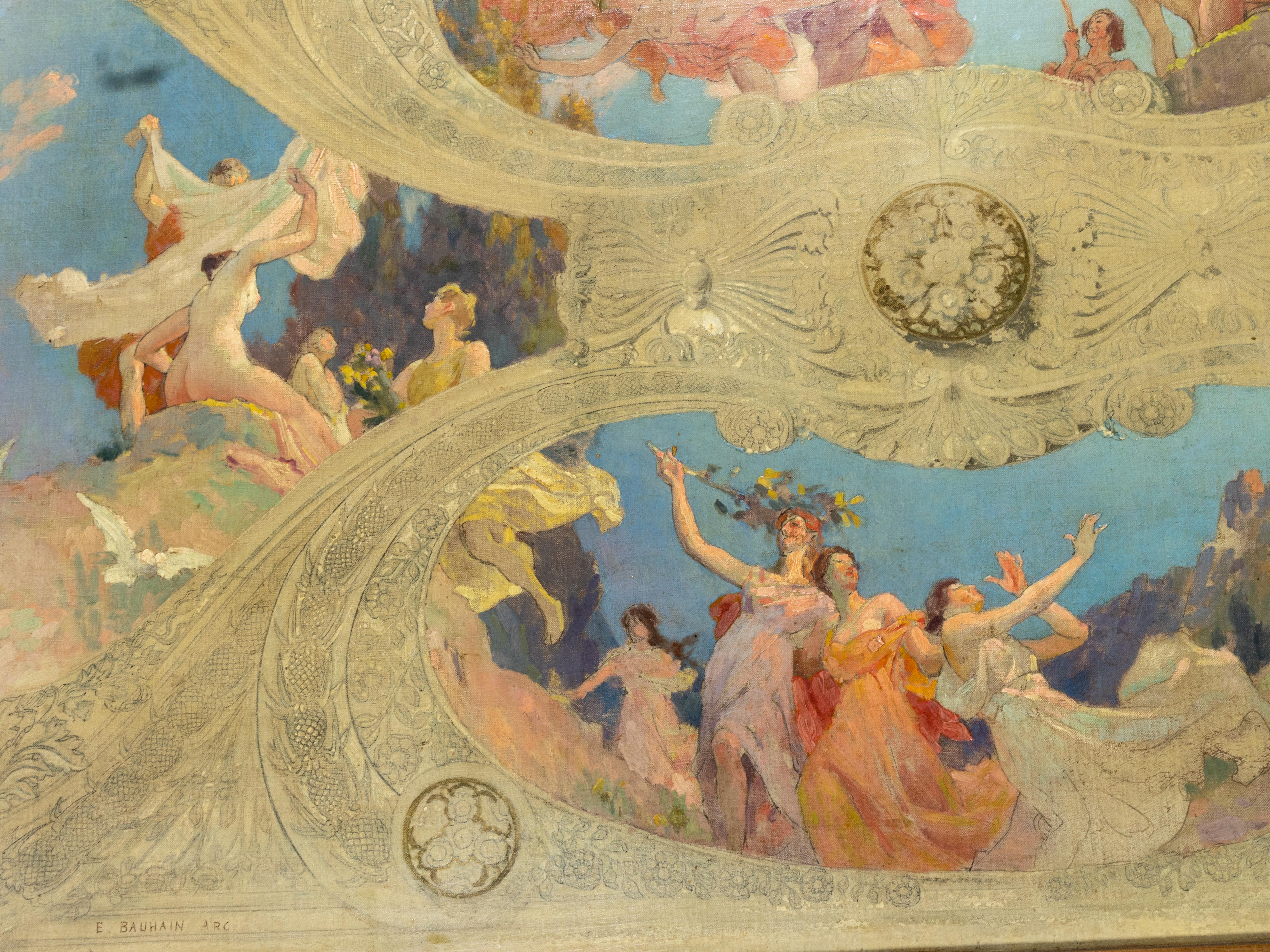 An intriguing 20th-century work, a study for a church fresco ceiling, showcases the artistic genius of Bauhain, a pivotal figure bridging Art Nouveau and Art Deco styles.  The piece features the artist's signature 