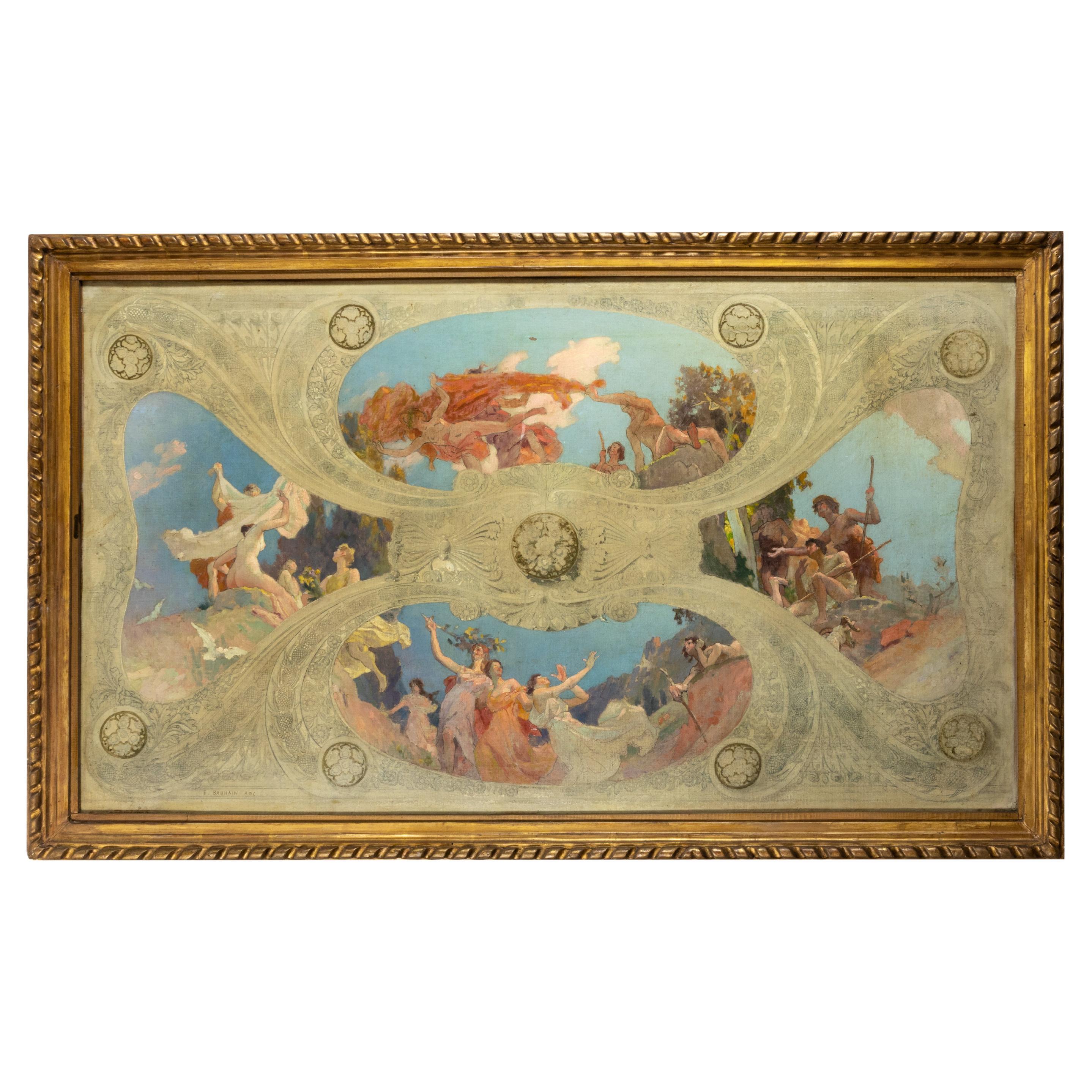 Signed Edouard Bauhain Art Nouveau Oil Painting  20th Century Church Study