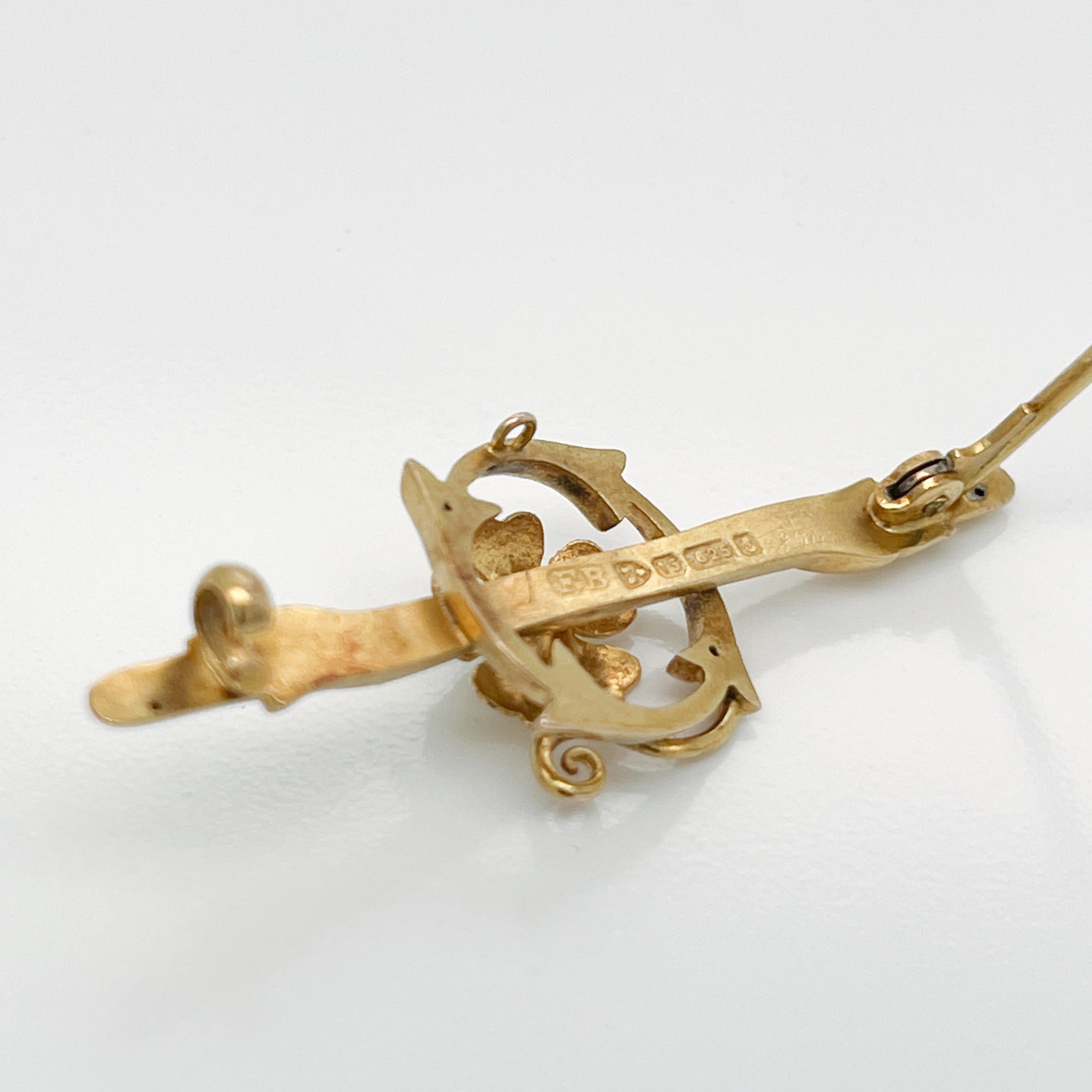 Signed Edwardian 15K Yellow Gold & Sapphire Flower Brooch or Bar Pin For Sale 3