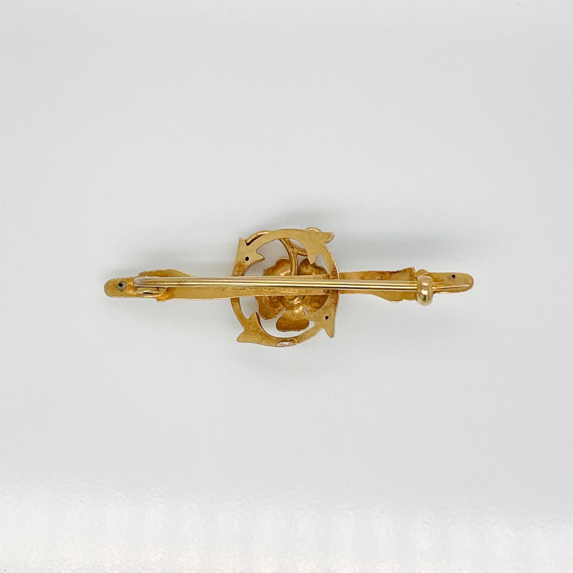 Signed Edwardian 15K Yellow Gold & Sapphire Flower Brooch or Bar Pin For Sale 2
