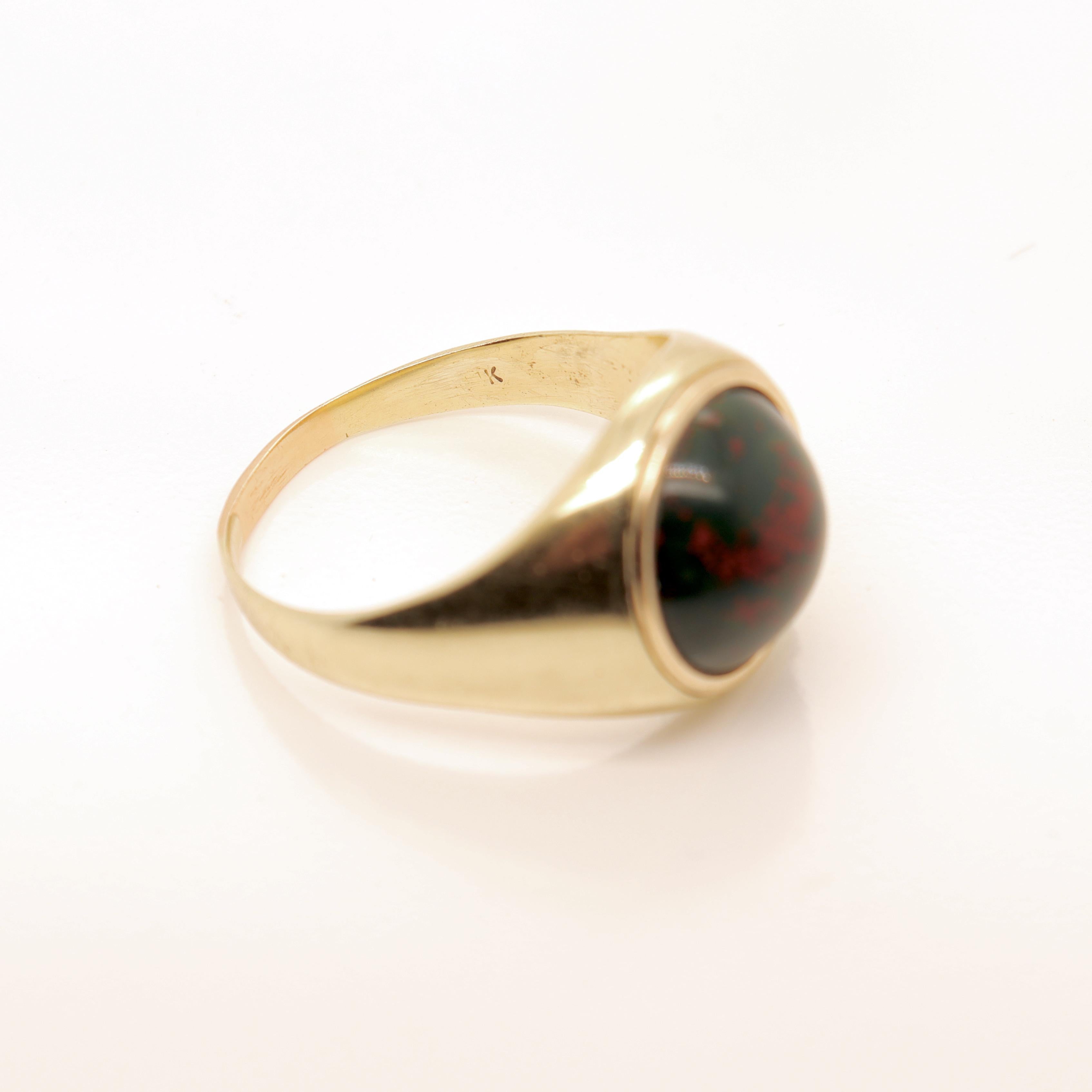 Signed Edwardian Marcus & Co 14K Gold & Bloodstone Cabochon Signet Style Ring 5