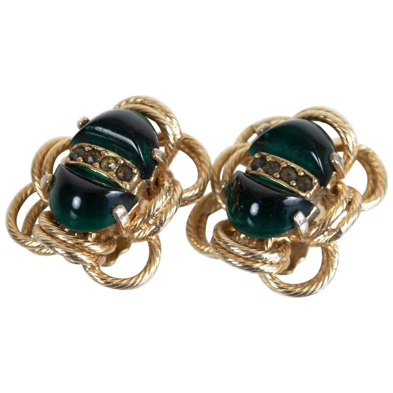 Signed Eisenberg Gold and Emerald Green Glass Cabochon Scarab Earrings, 1960s