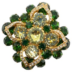 Signed Eisenberg Vintage Green & Gold Tone Glass  Brooch 