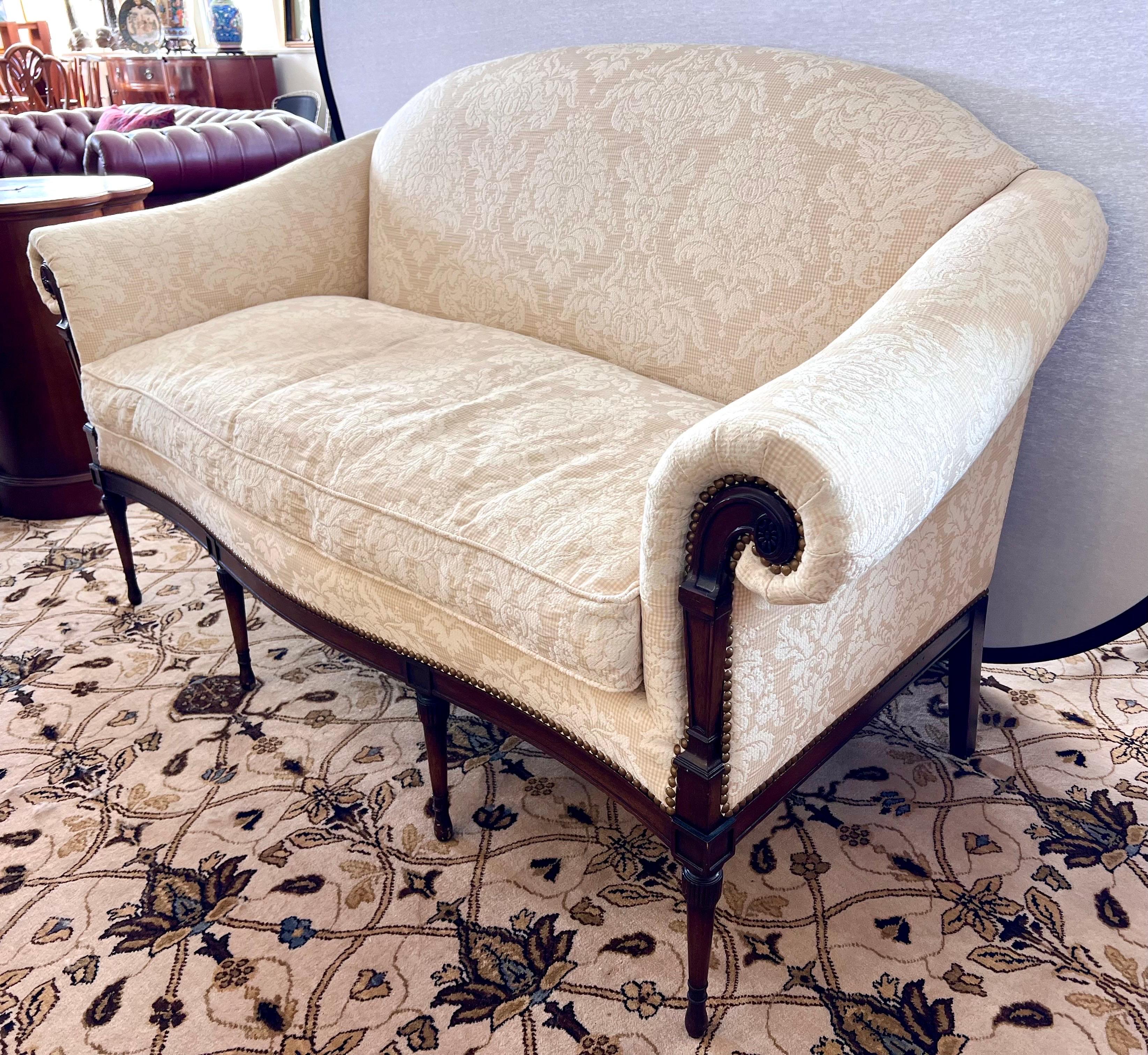 Exquisite E.J. Victor large settee with rare and luxurous Cowton & Tout upholstery.  Great neutral color scheme and so elegant.