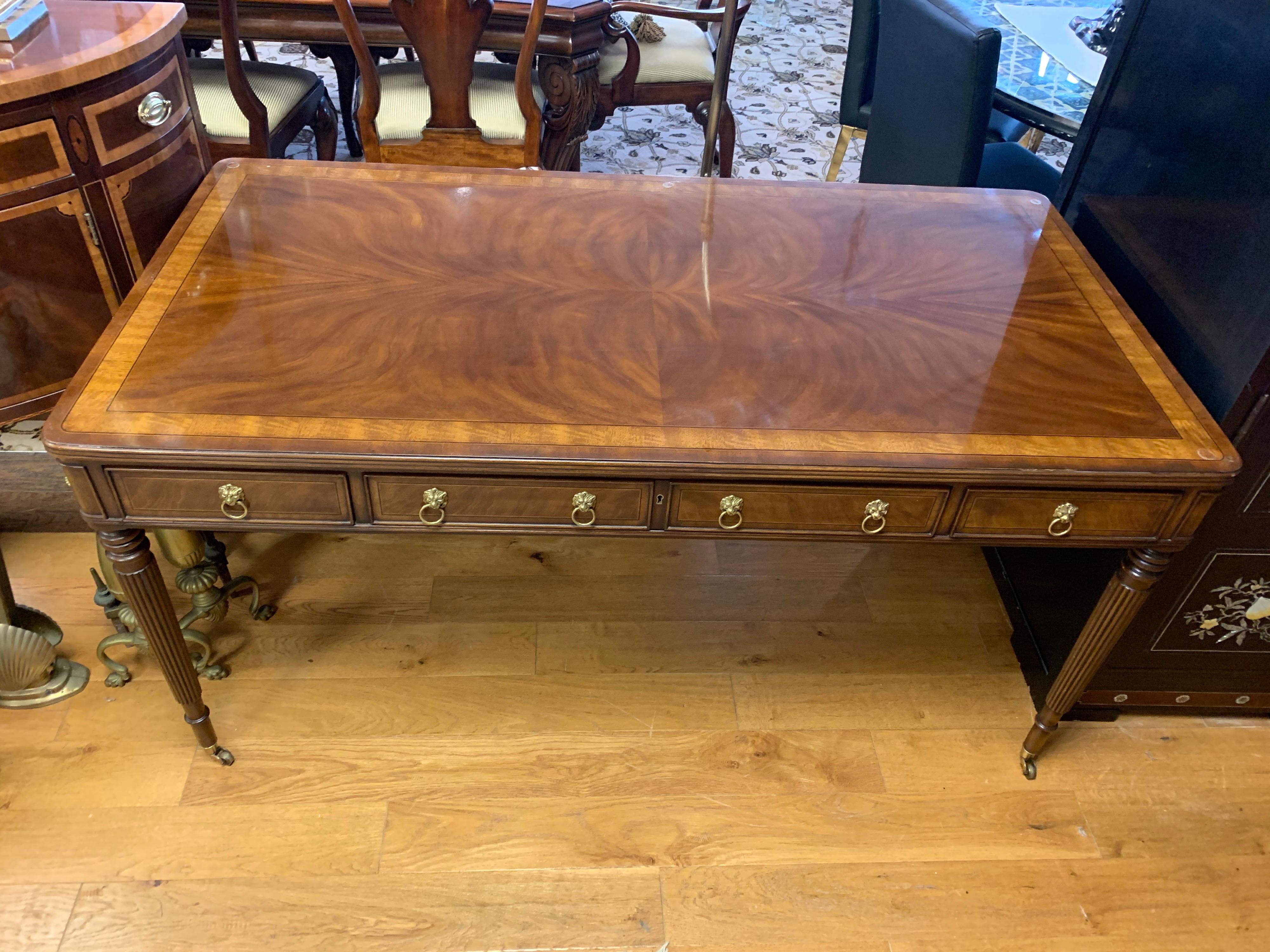American Signed E.J. Victor Mahogany Writing Table Desk with Inlay