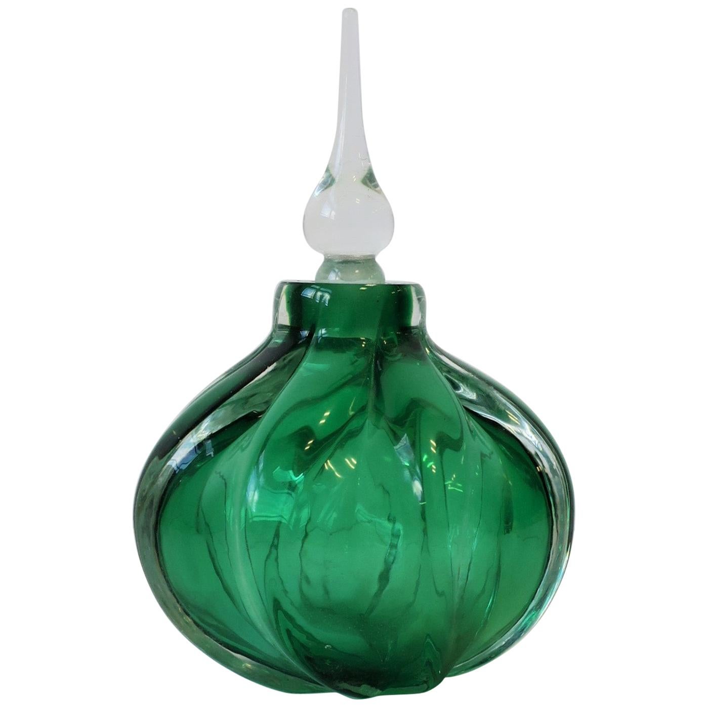 Emerald Green Art Glass Perfume Vanity Bottle, Signed