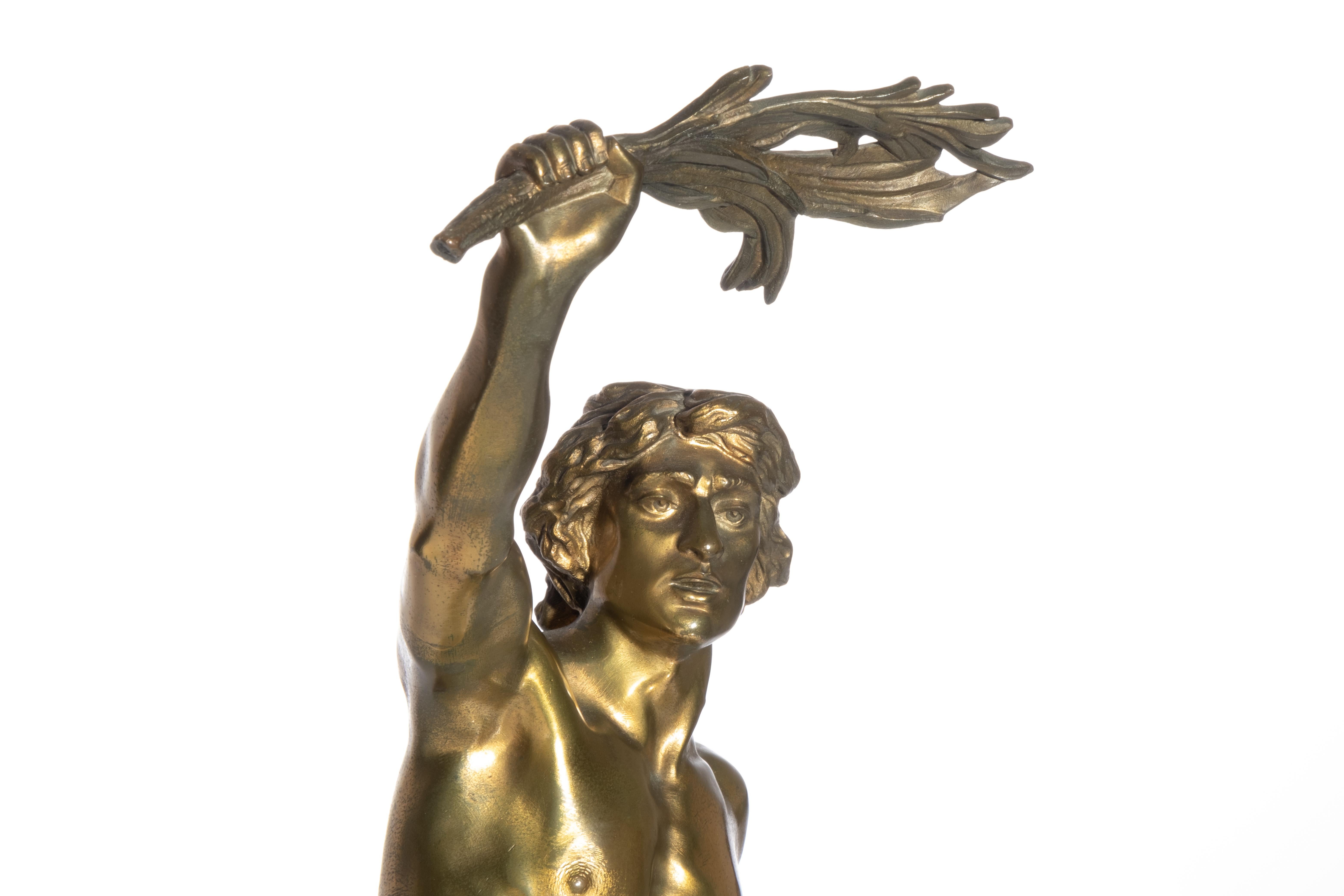 Emile Laporte (French 1858–1907), 'Vainqueur'. A large dore bronze sculpture, signed to base, 'E. Laporte'. Base also having a brass plate bearing the title, emile laporte (3rd medaille). Laporte  attended the Academy in Paris and was a student of