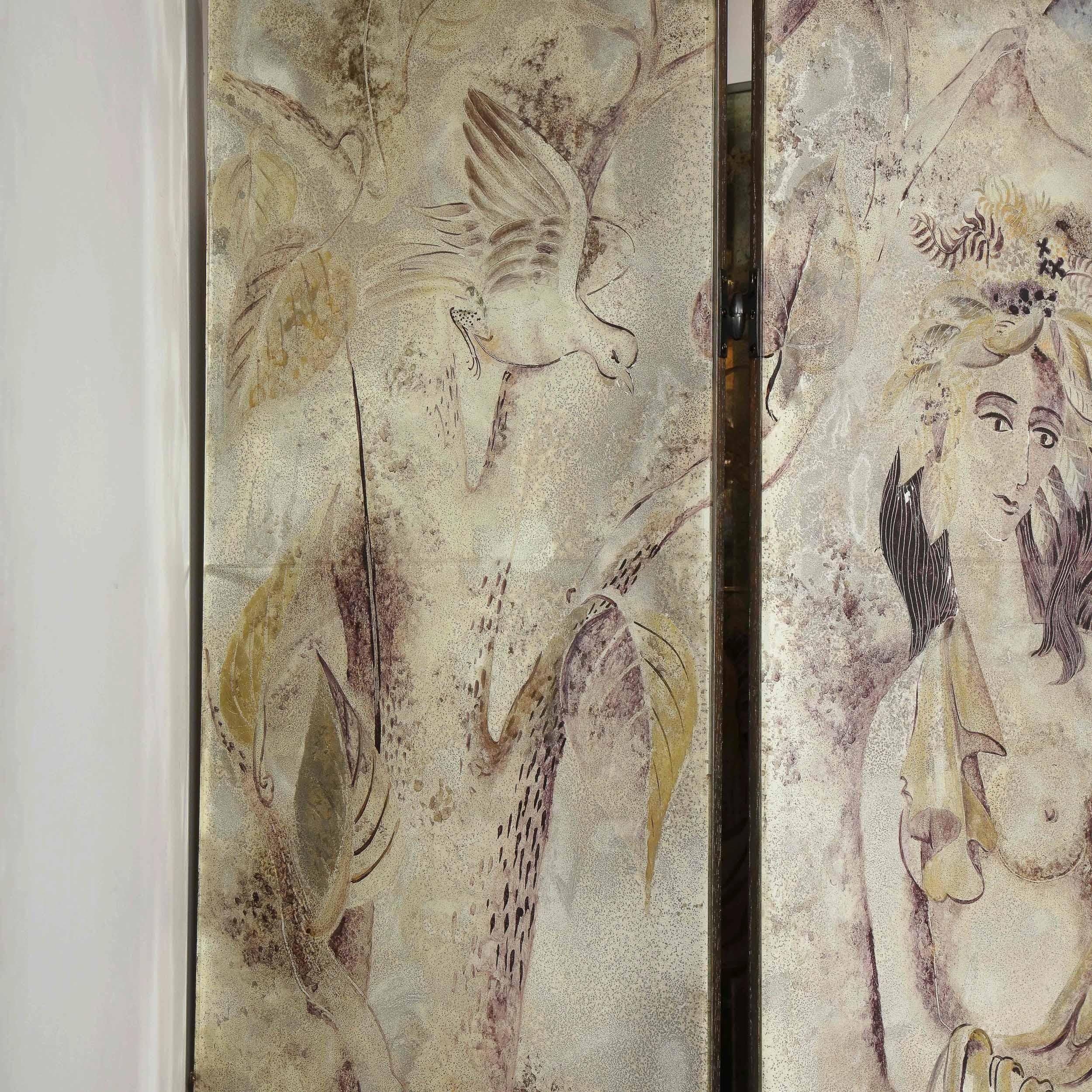 Signed Emrich Nicholson Hand Painted Mirrored Screen Estate of Arthur Rubinstein In Good Condition In New York, NY