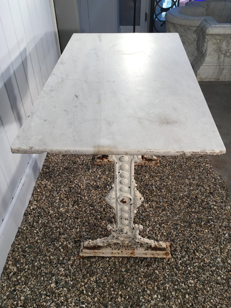 Signed English 19th Century Cast Iron Conservatory Table with White Marble Top In Good Condition For Sale In Woodbury, CT