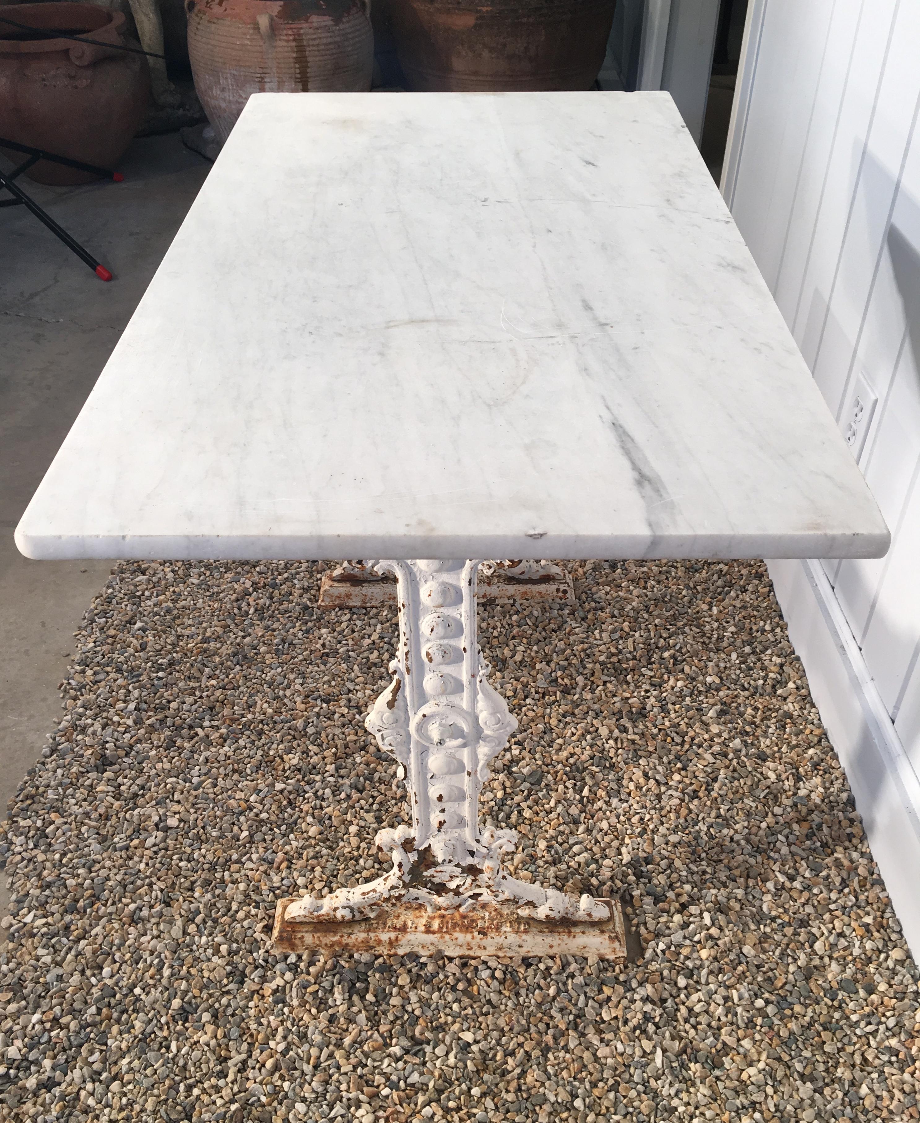 Signed English 19th Century Cast Iron Conservatory Table with White Marble Top For Sale 1