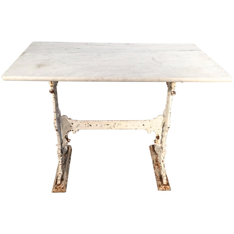 Signed English 19th Century Cast Iron Conservatory Table with White Marble Top For Sale