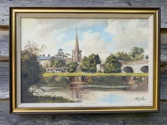 Peinture à l'huile signée représentant un paysage fluvial anglais avec une église et un pont en pierre