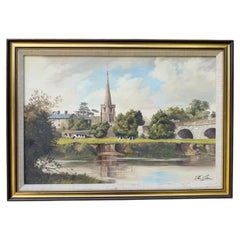 Peinture à l'huile signée représentant un paysage fluvial anglais avec une église et un pont en pierre