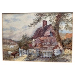 Aquarelle anglaise signée représentant une chaumière et une cour de ferme