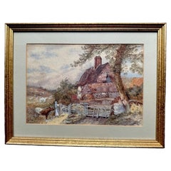 Aquarelle anglaise signée représentant une chaumière et une cour de ferme