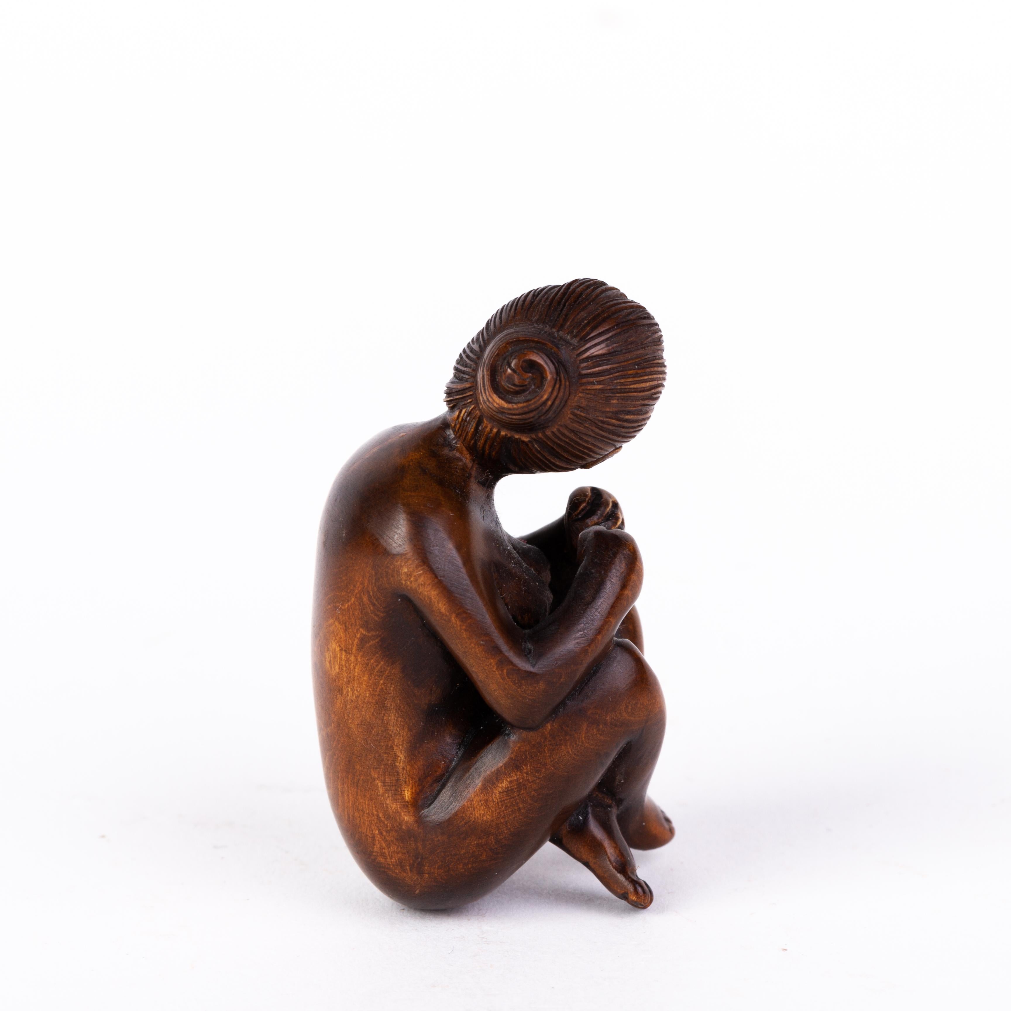 Hand-Carved Signed Erotic Nude Woman Japanese Carved Boxwood Netsuke Inro Ojime For Sale