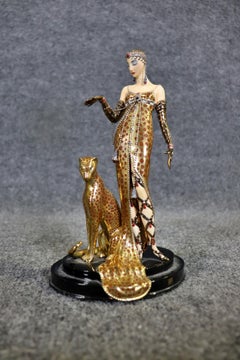 Signed Erta Ocelot with Lady French Art Deco Style Figurine by Franklin Mint
