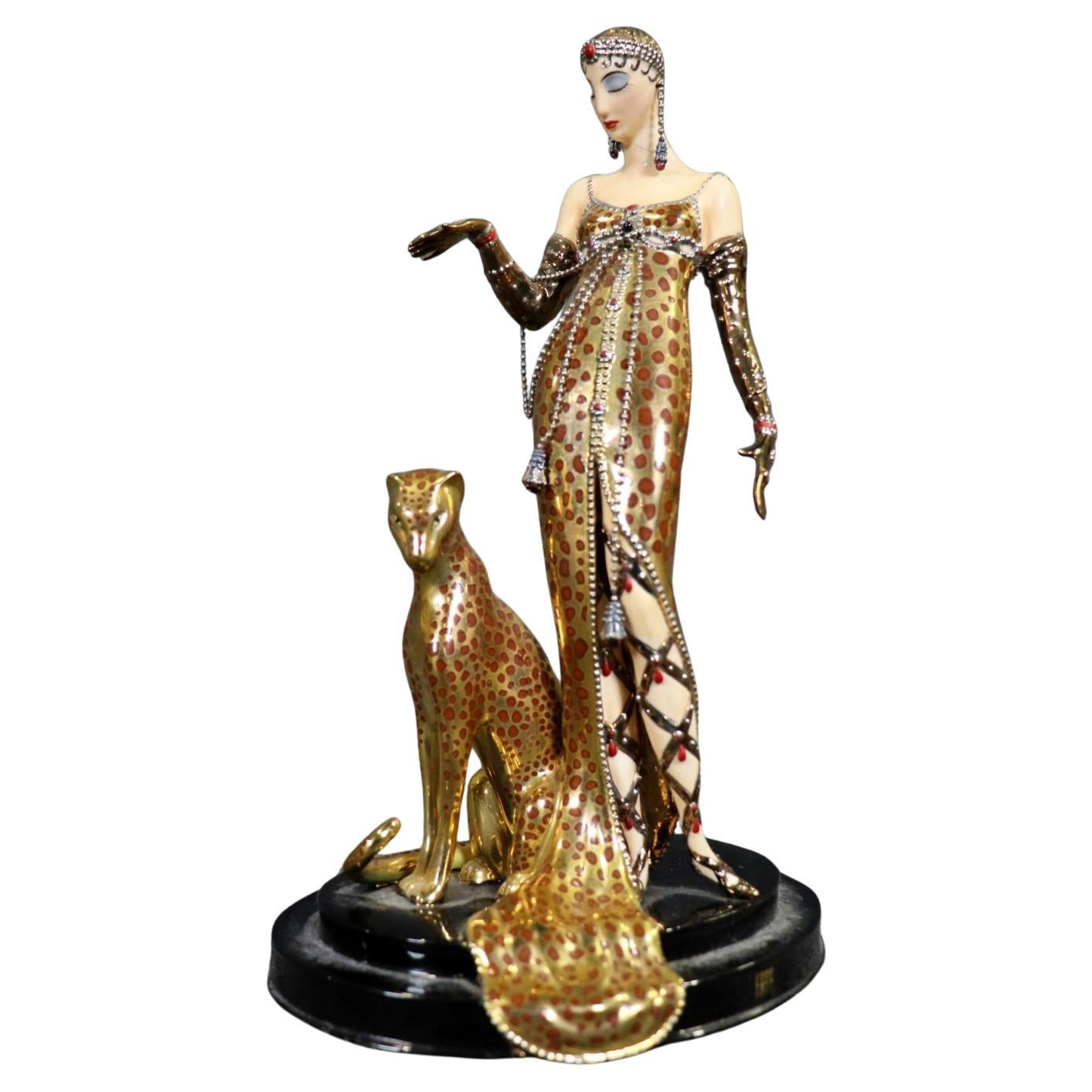Signed Erta Ocelot with Lady French Art Deco Style Figurine by Franklin Mint