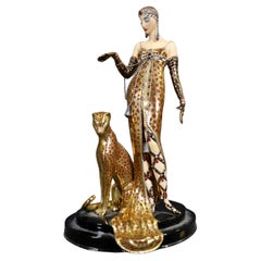 Signed Erta Ocelot with Lady French Art Deco Style Figurine by Franklin Mint