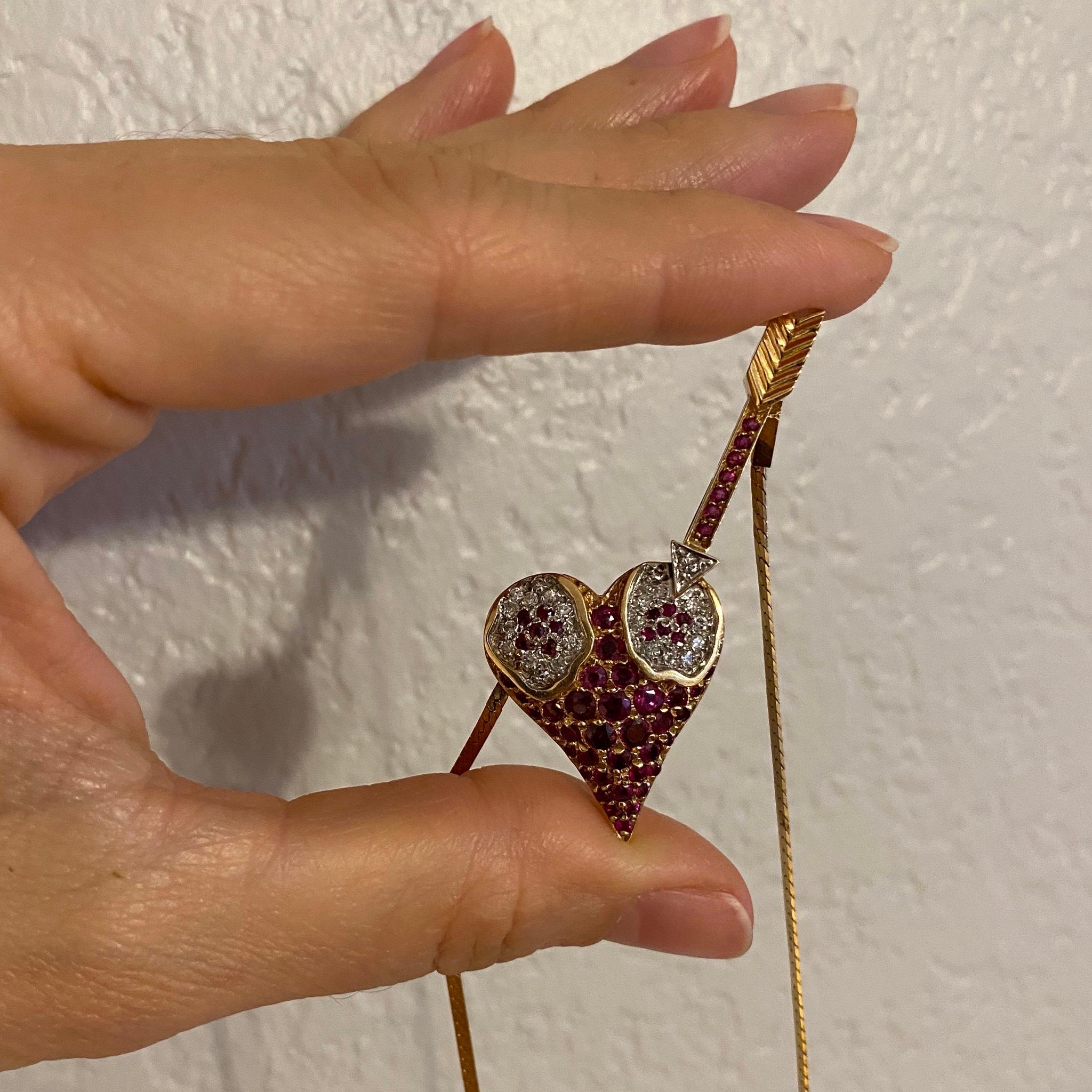 Art Deco Signed Erté Rubies & Diamonds L'Amour Heart Pendant Necklace Fine Estate Jewelry