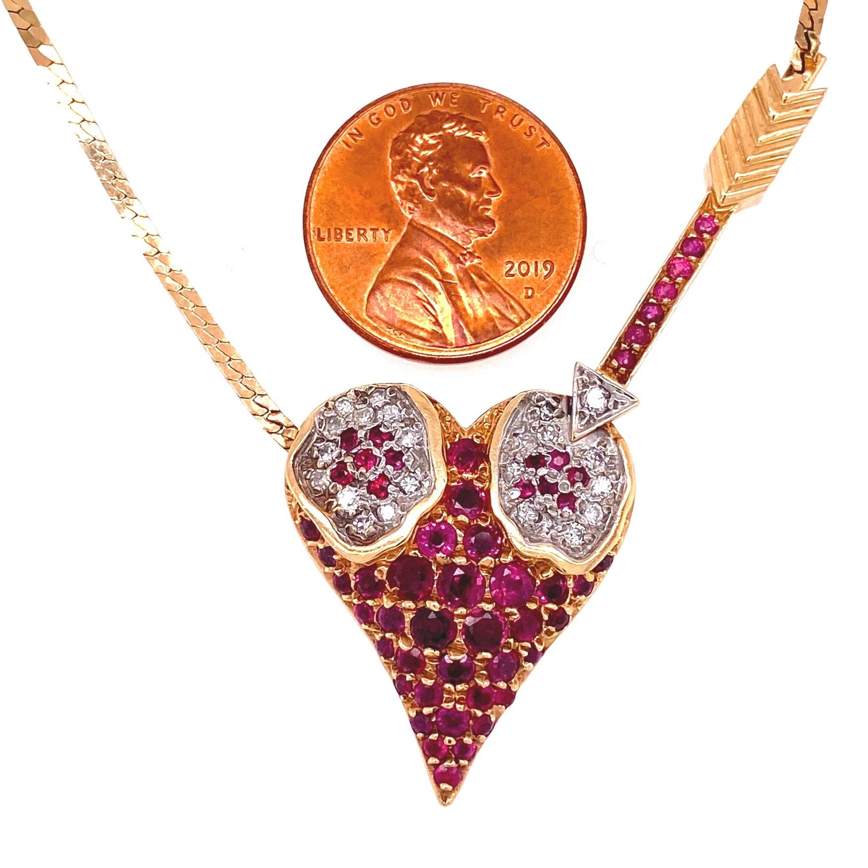 Signed Erté Rubies & Diamonds L'Amour Heart Pendant Necklace Fine Estate Jewelry In Excellent Condition In Montreal, QC