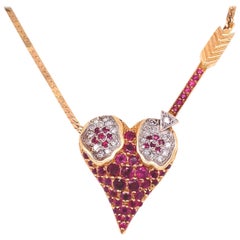 Signed Erté Rubies & Diamonds L'Amour Heart Pendant Necklace Fine Estate Jewelry