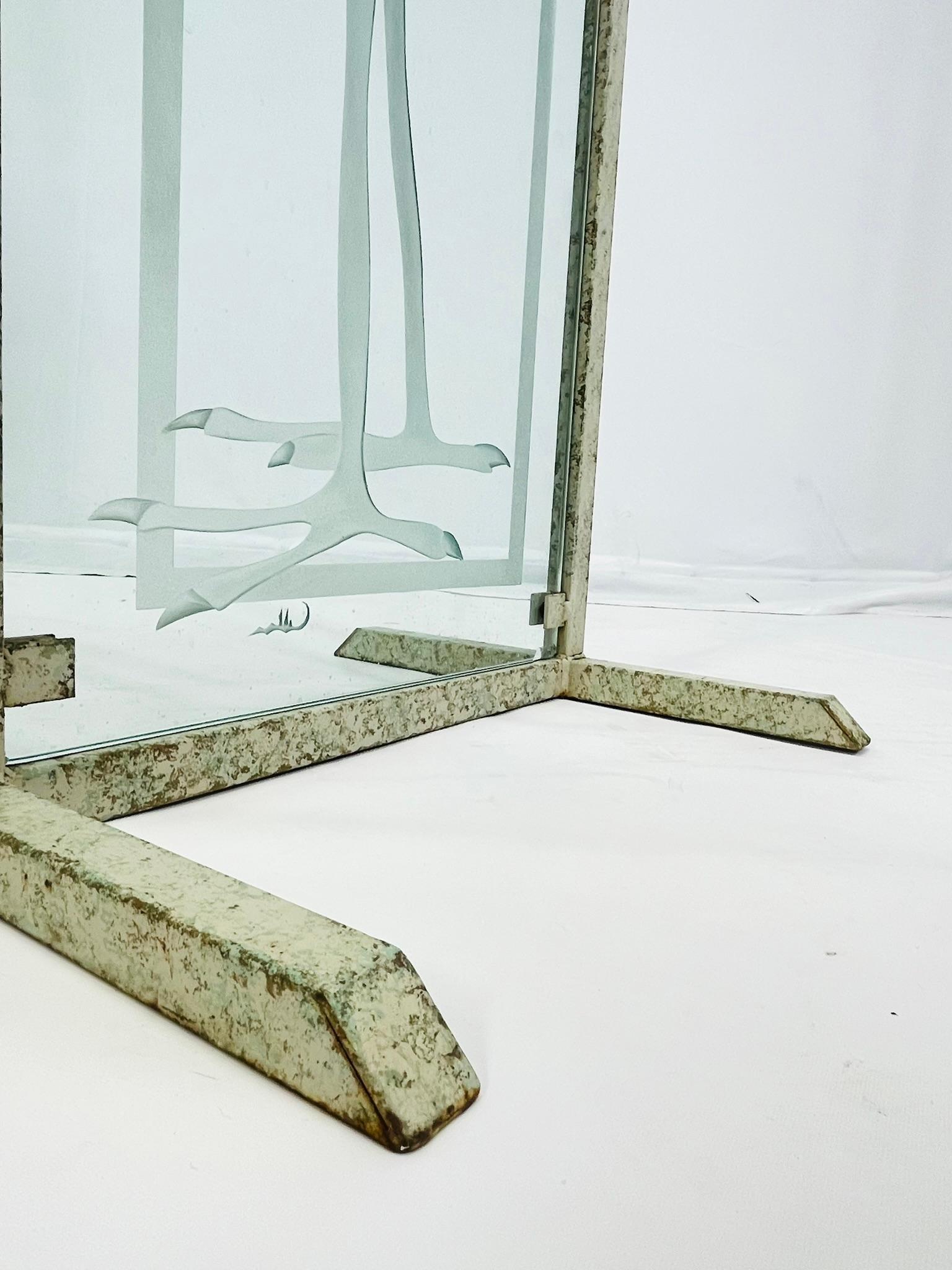 Signed Etched Glass Heron Sculpture on Metal Stand, Mid-20th Century For Sale 8