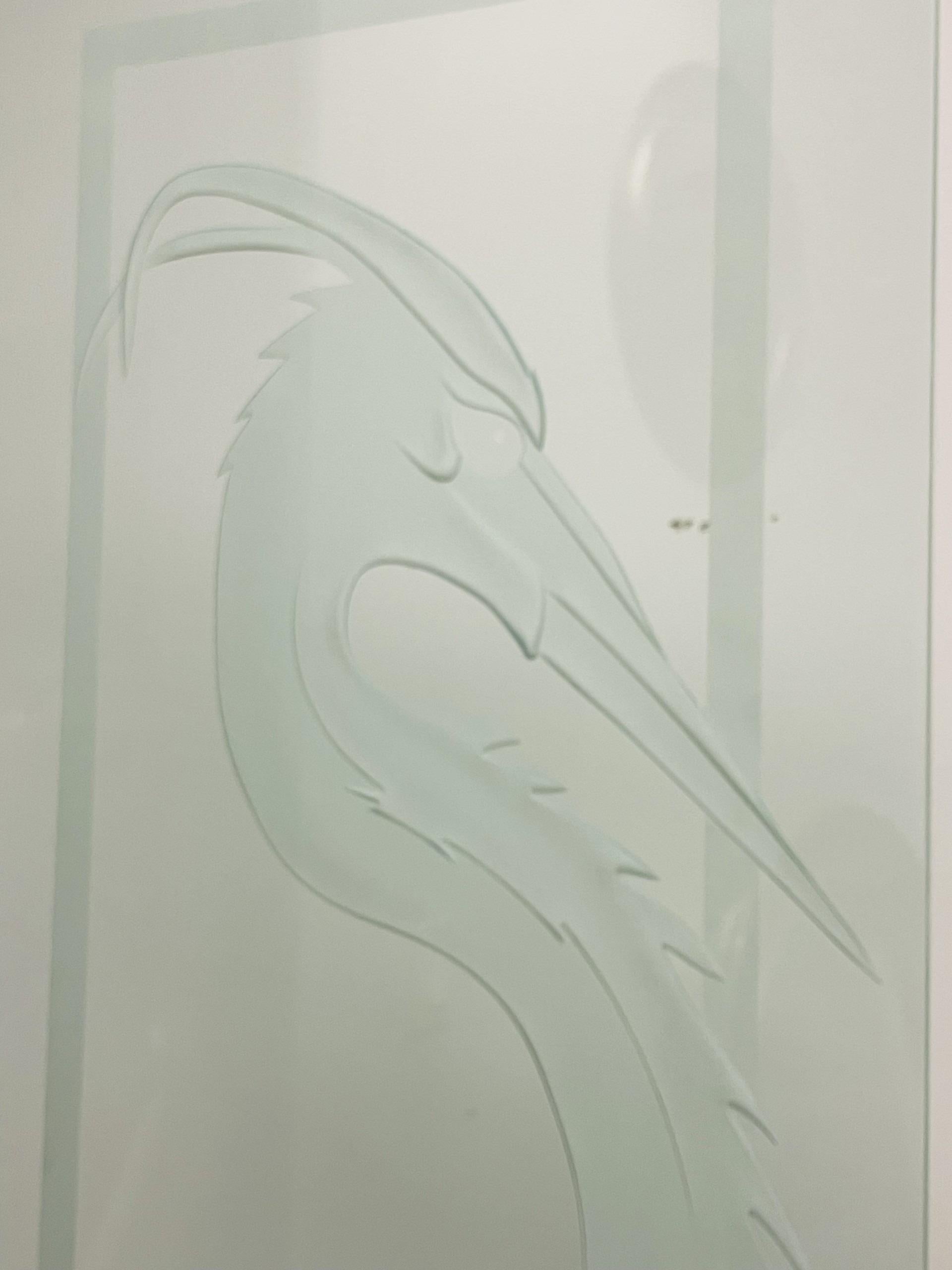 Signed Etched Glass Heron Sculpture on Metal Stand, Mid-20th Century For Sale 13