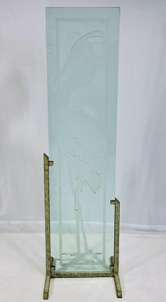 Signed Etched Glass Heron Sculpture on Metal Stand, Mid-20th Century