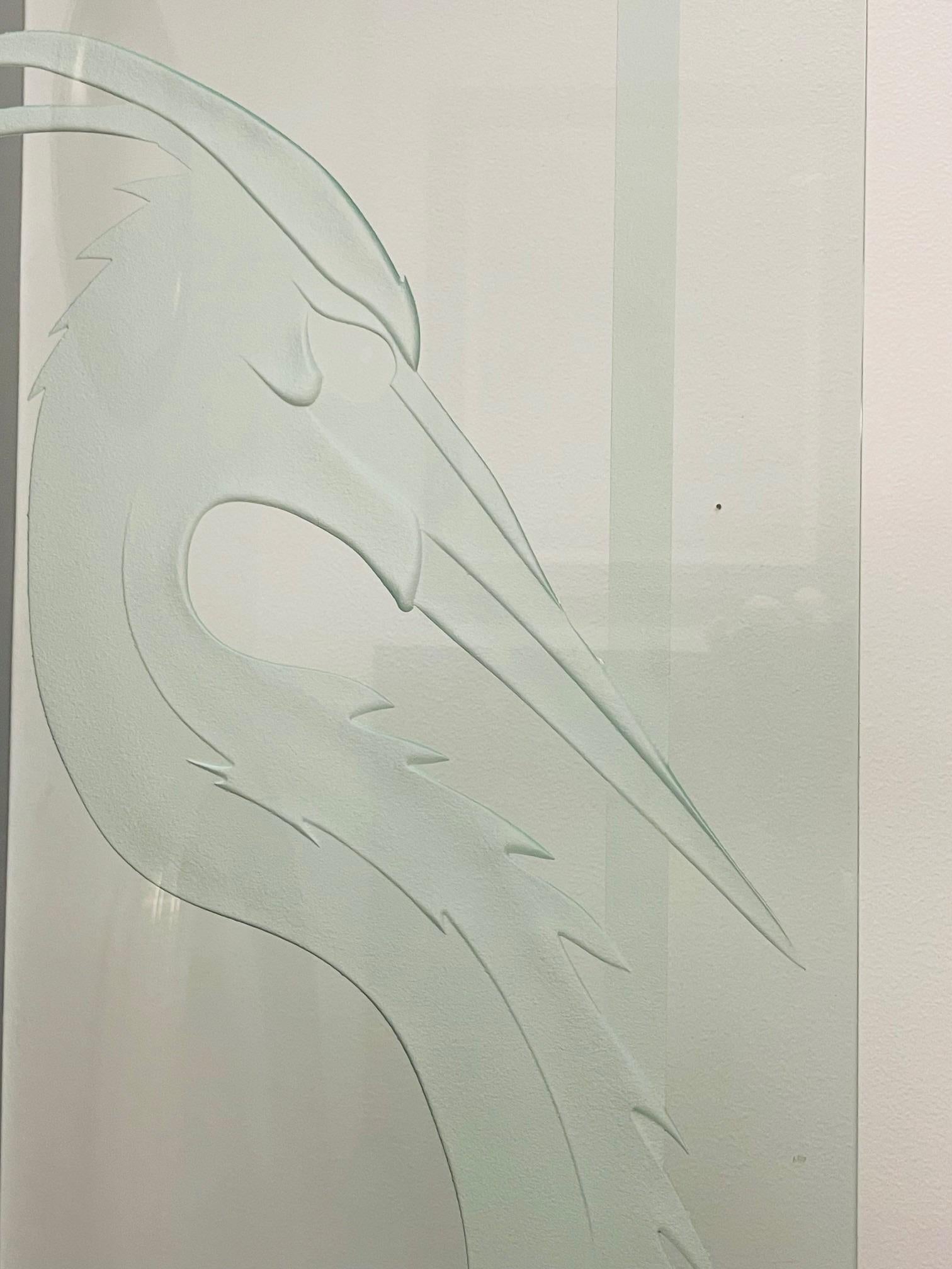 Signed Etched Glass Heron Sculpture on Metal Stand, Mid-20th Century For Sale 14