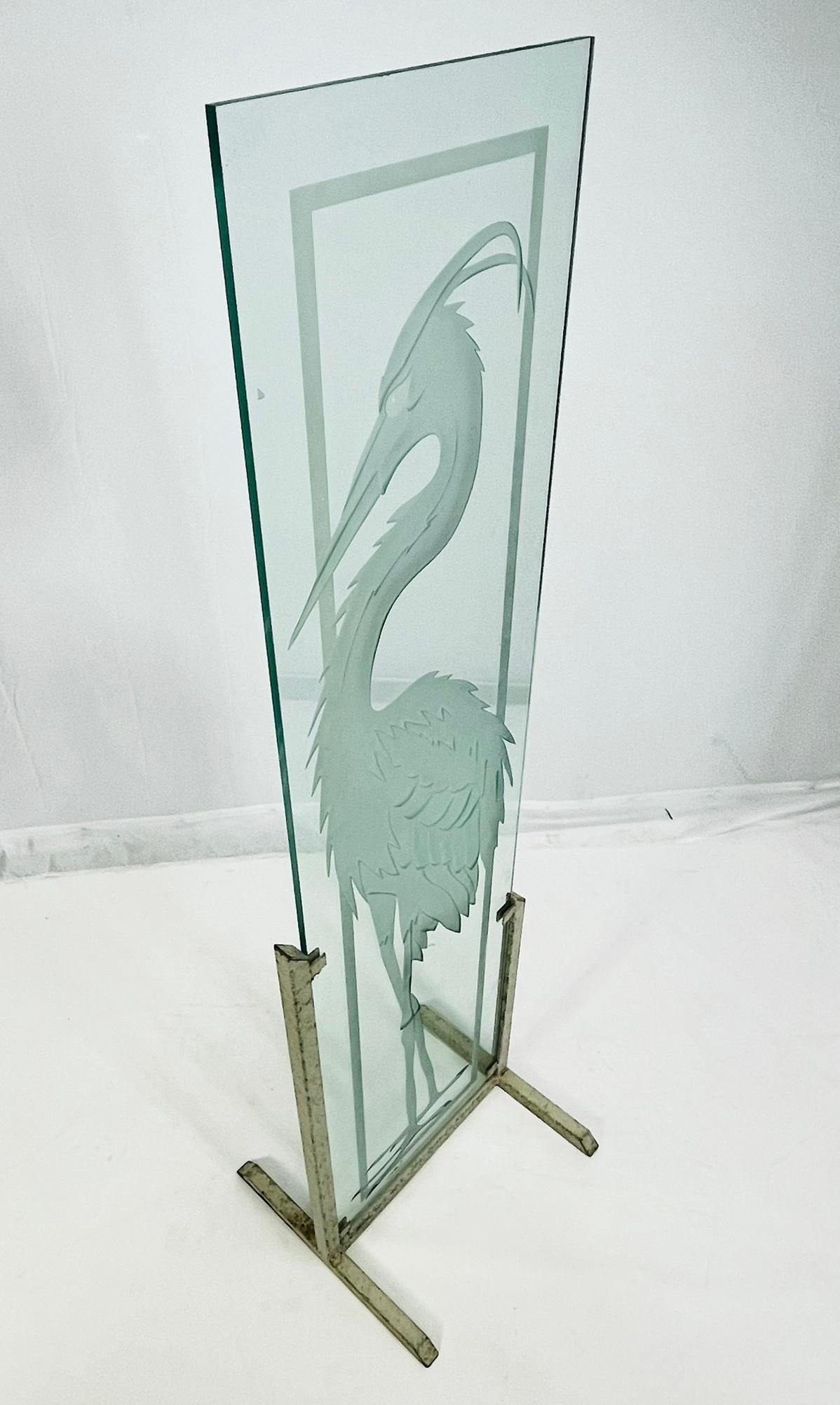 Art Deco Signed Etched Glass Heron Sculpture on Metal Stand, Mid-20th Century For Sale