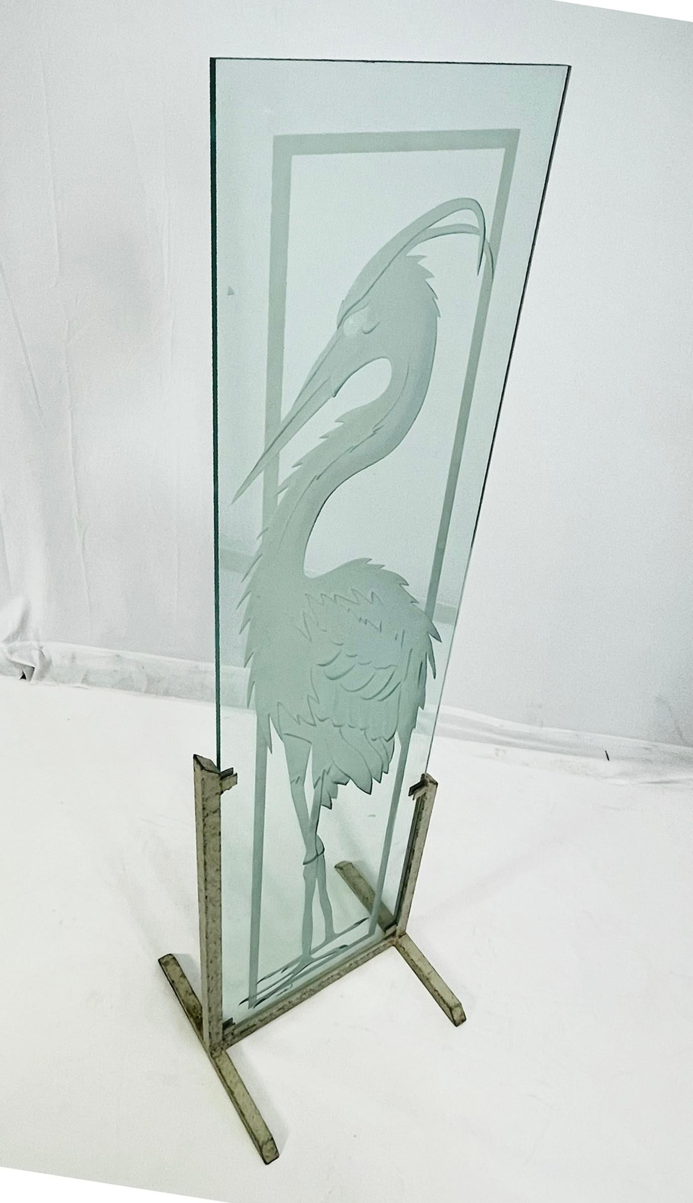 American Signed Etched Glass Heron Sculpture on Metal Stand, Mid-20th Century For Sale