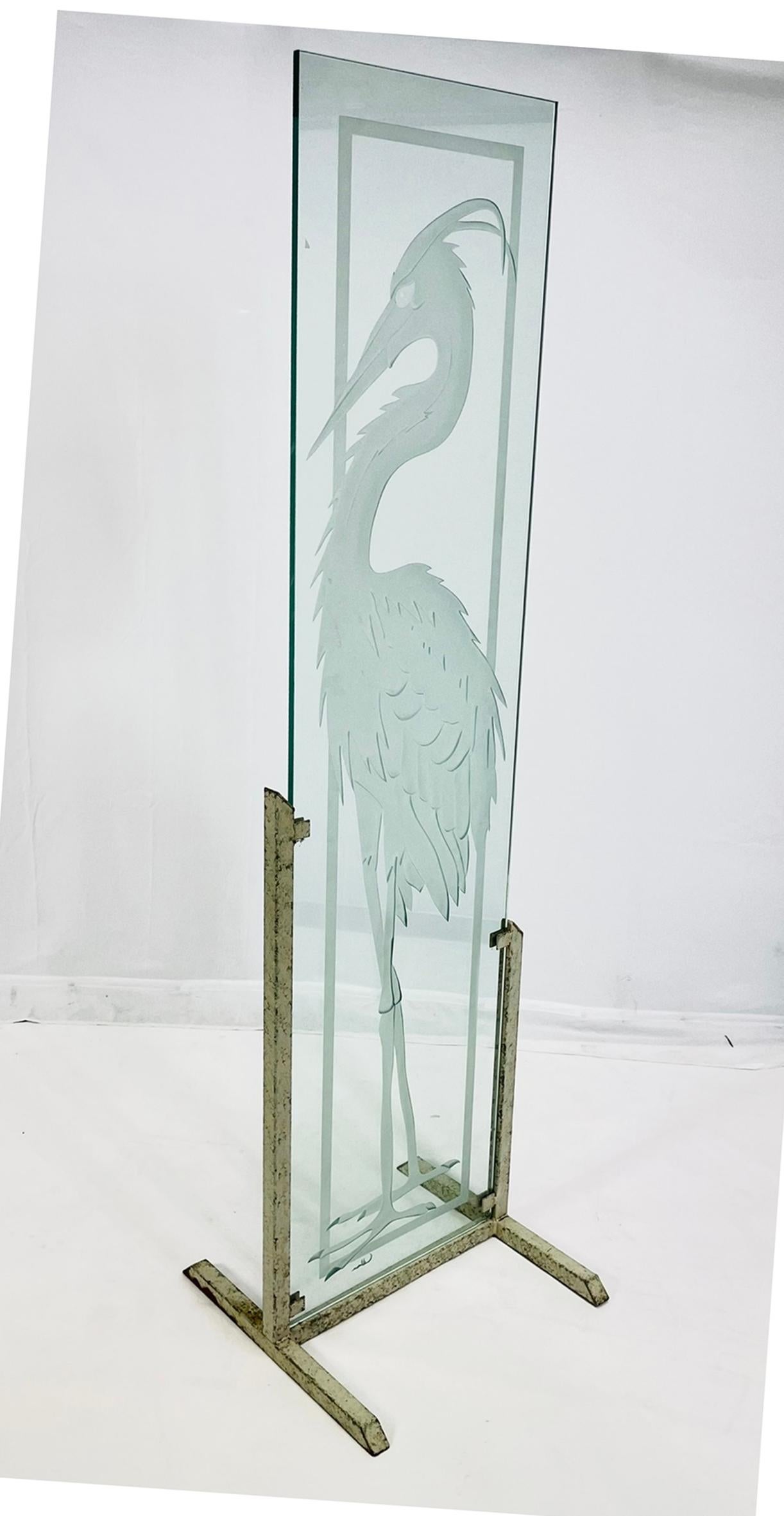 Signed Etched Glass Heron Sculpture on Metal Stand, Mid-20th Century In Good Condition For Sale In Los Angeles, CA