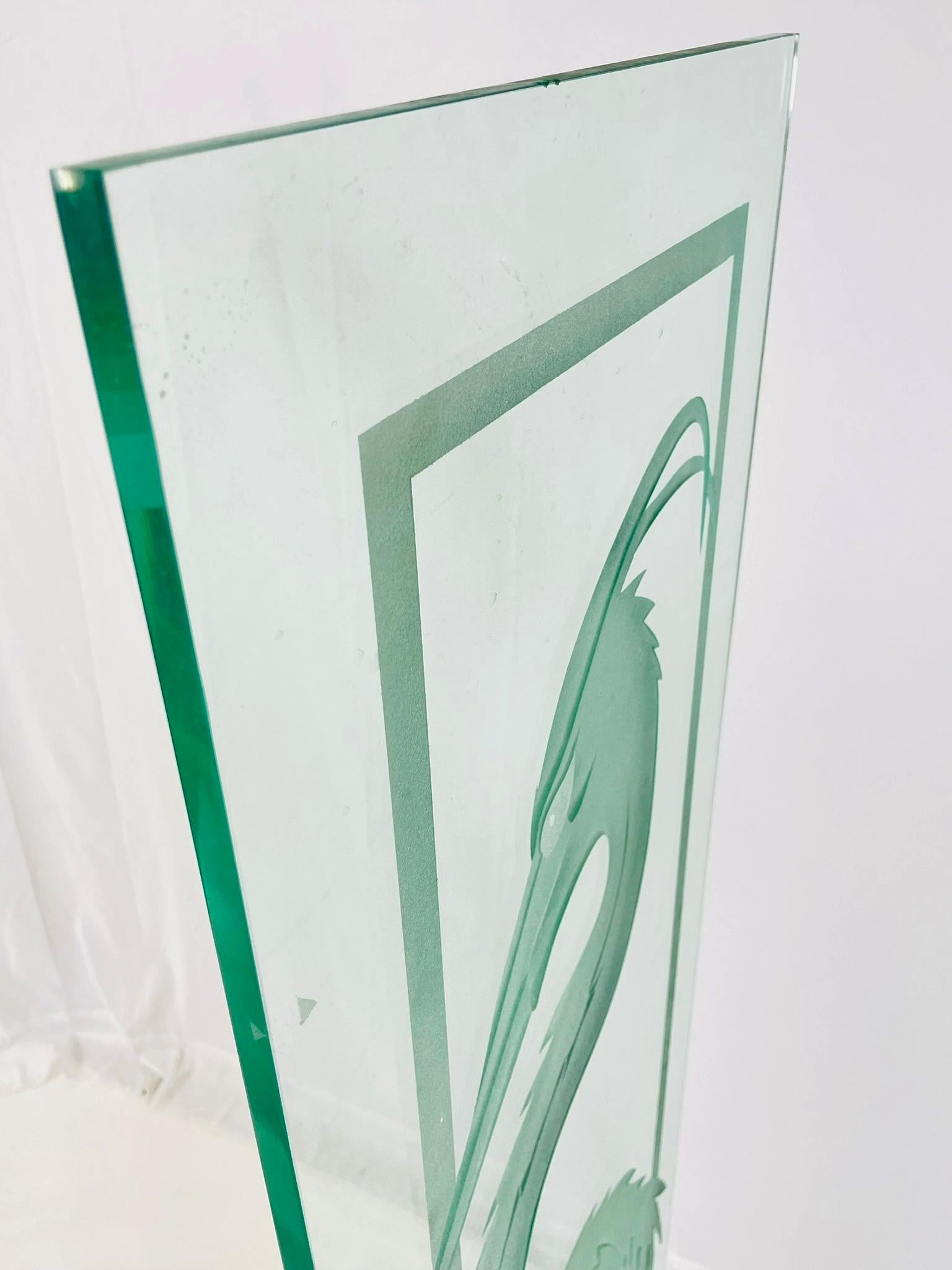 Late 20th Century Signed Etched Glass Heron Sculpture on Metal Stand, Mid-20th Century For Sale