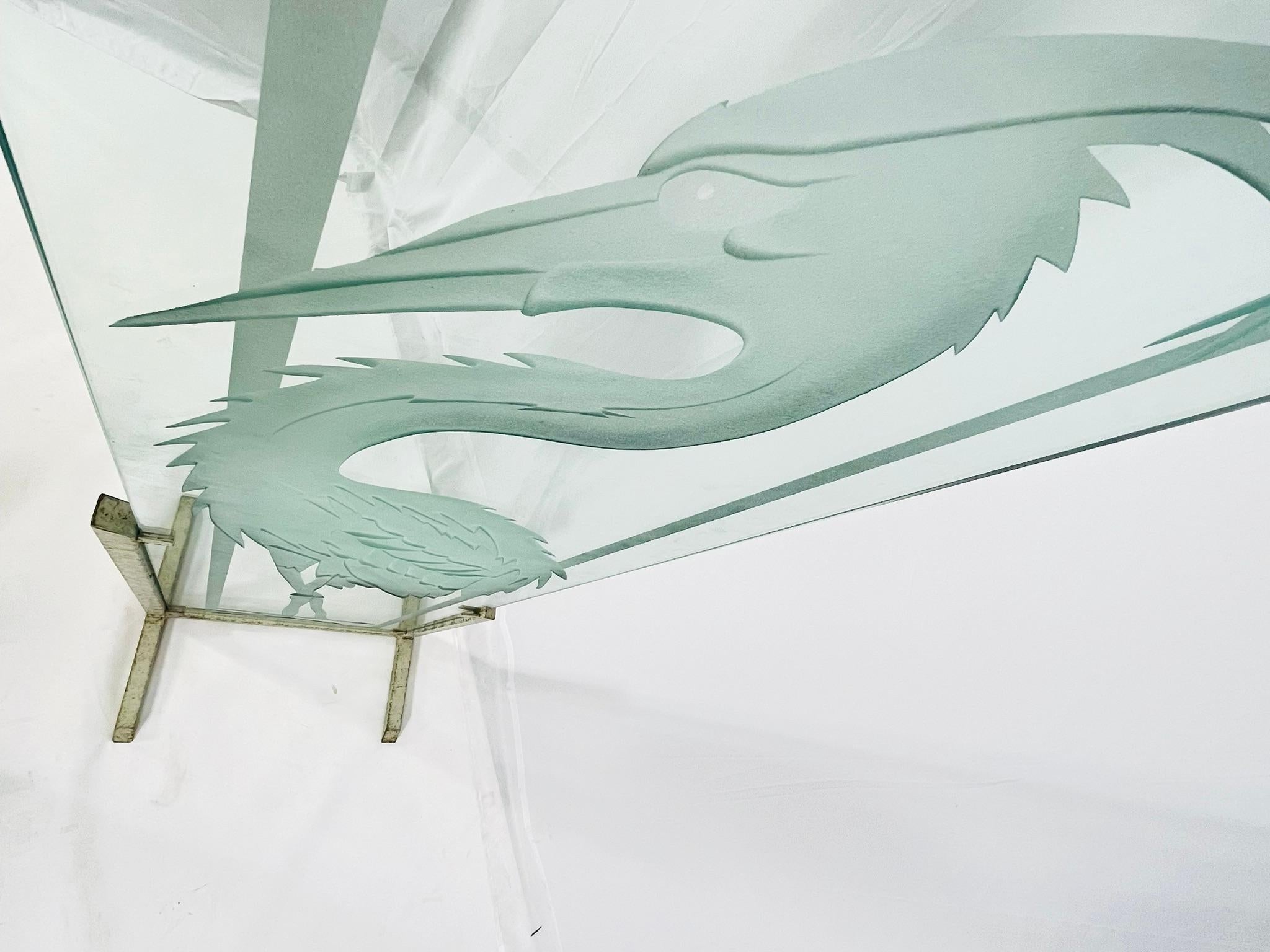 Signed Etched Glass Heron Sculpture on Metal Stand, Mid-20th Century For Sale 1