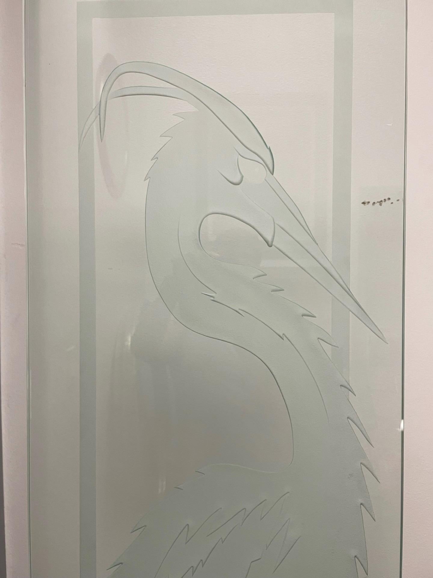Signed Etched Glass Heron Sculpture on Metal Stand, Mid-20th Century For Sale 3