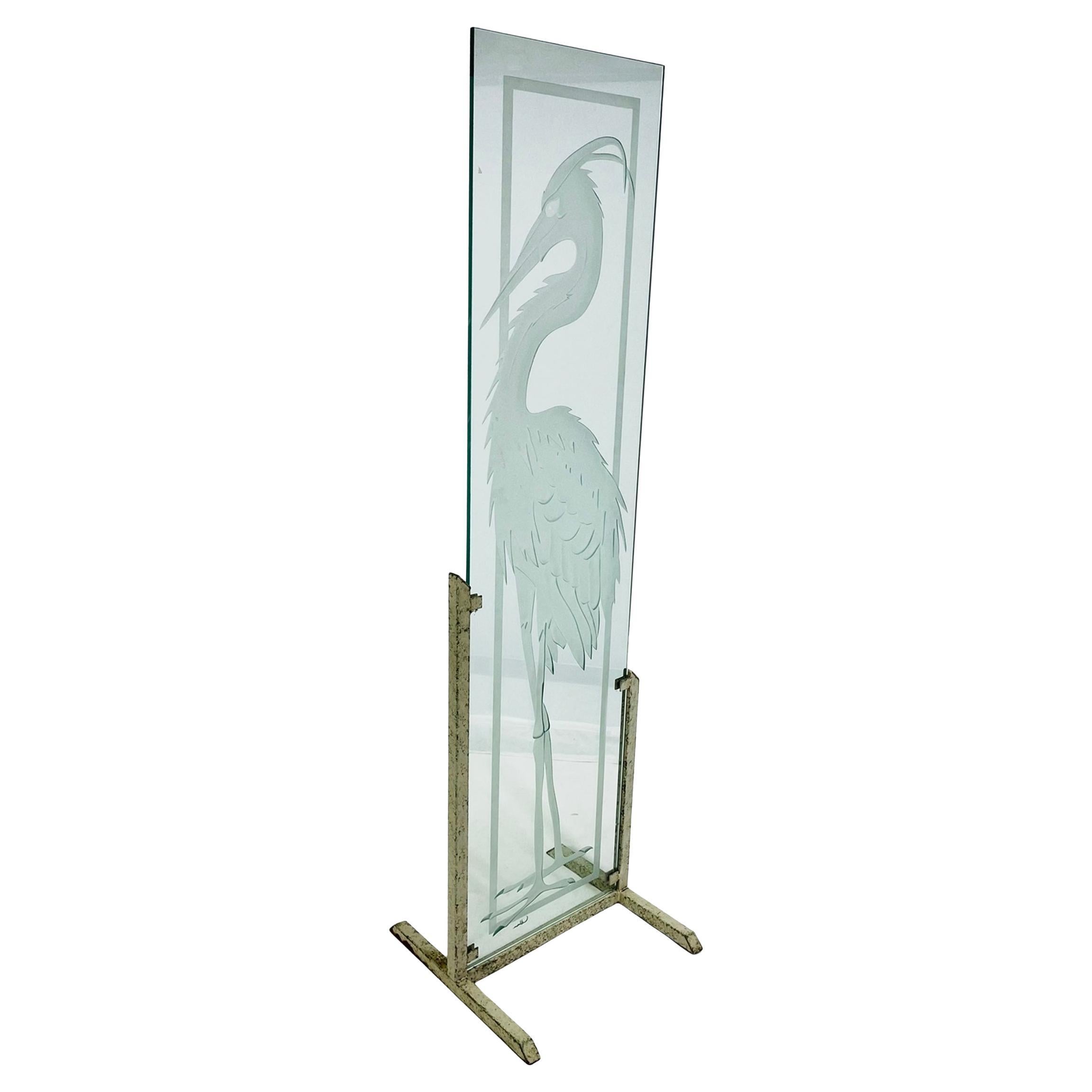 Signed Etched Glass Heron Sculpture on Metal Stand, Mid-20th Century For Sale