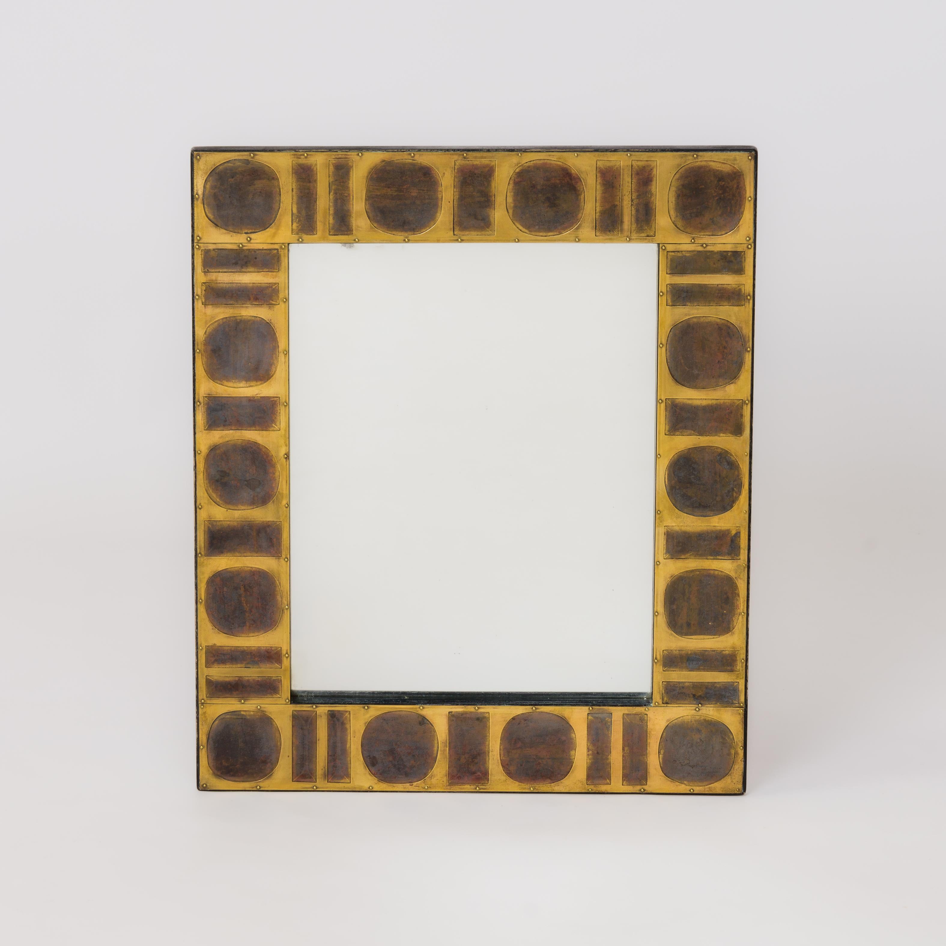 French Signed Etched & Patinated Brass Tiles Mirror by Jean Blazy - France 1970's For Sale