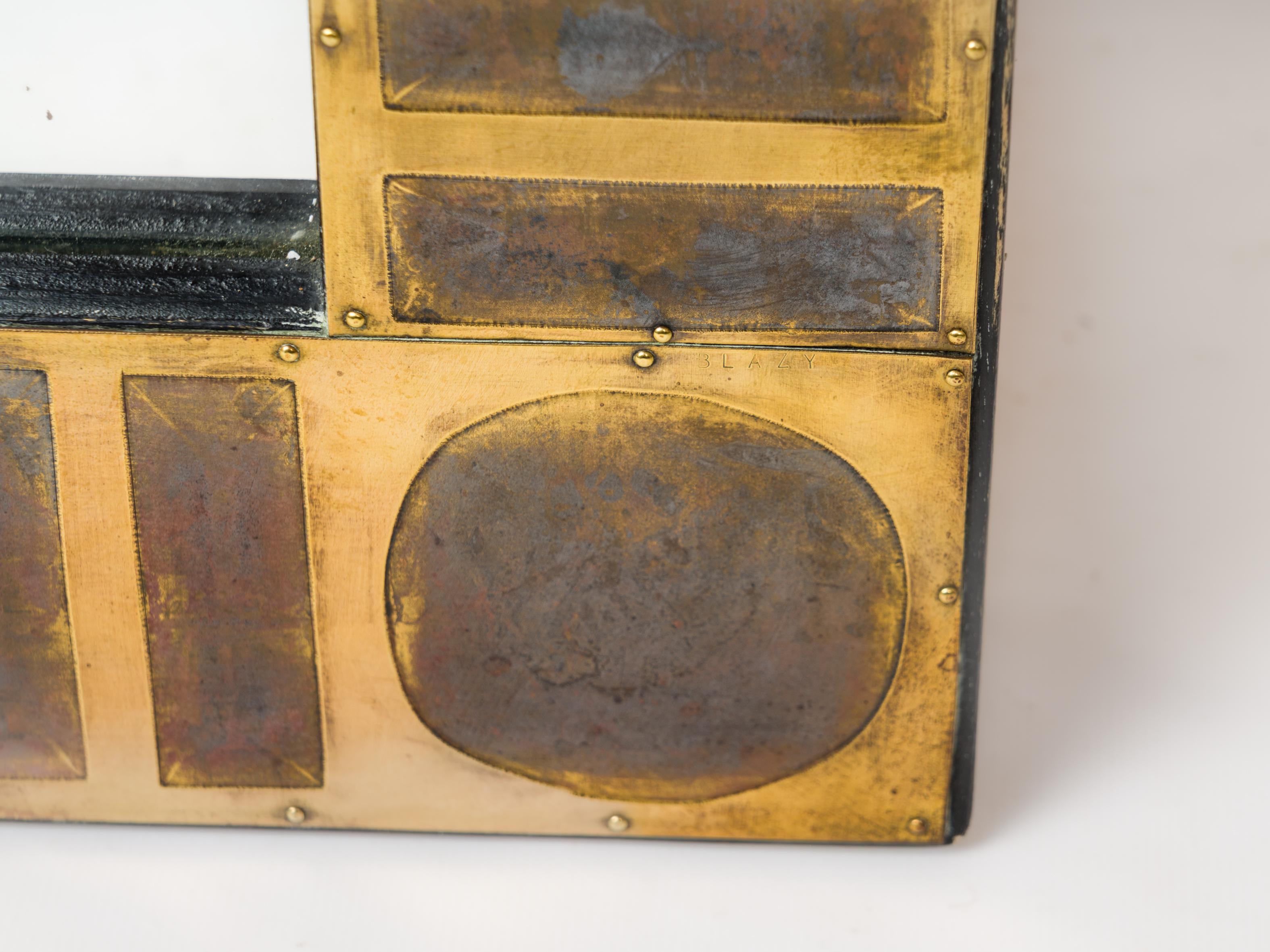 Signed Etched & Patinated Brass Tiles Mirror by Jean Blazy - France 1970's In Good Condition For Sale In New York, NY