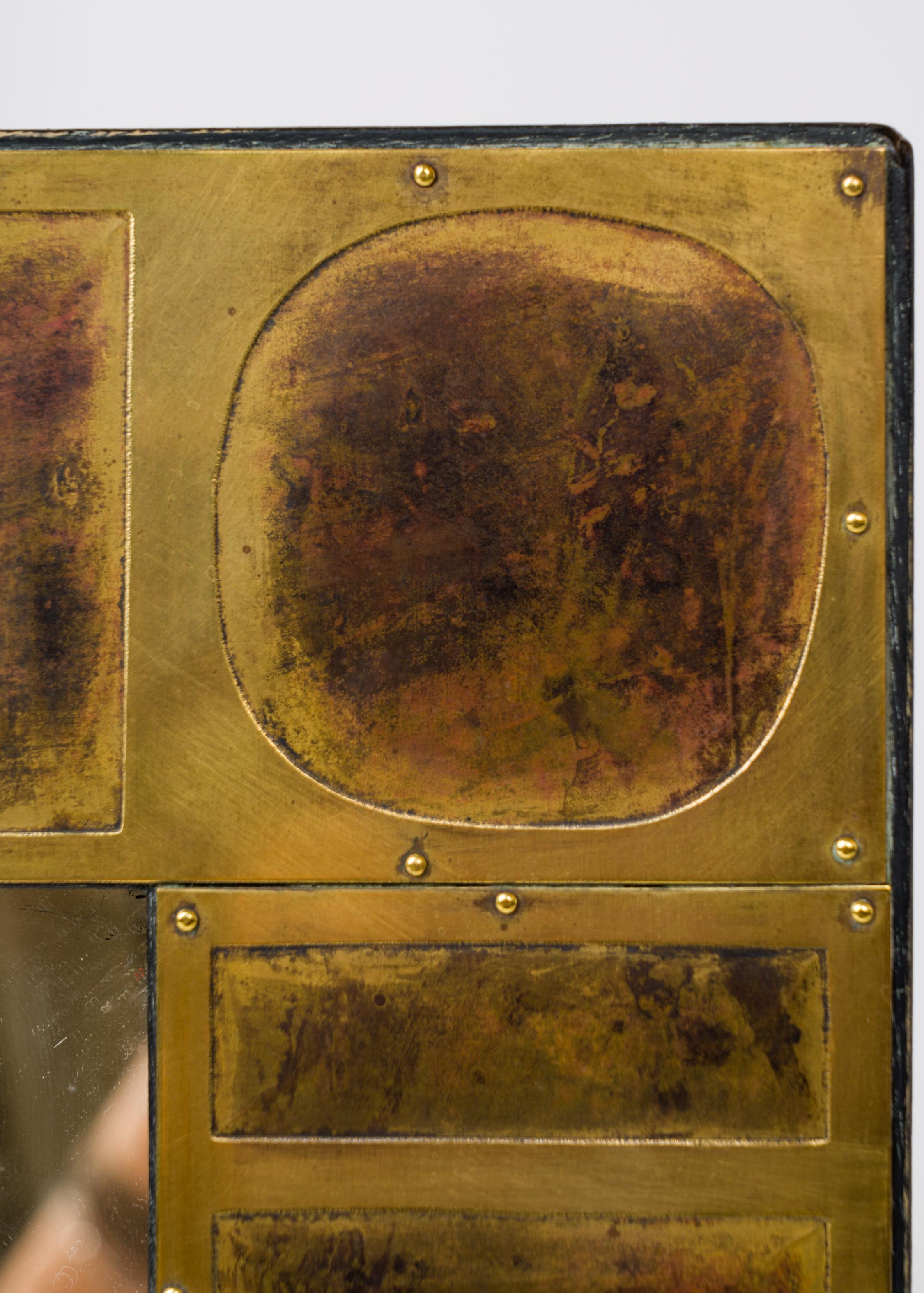 Late 20th Century Signed Etched & Patinated Brass Tiles Mirror by Jean Blazy - France 1970's For Sale