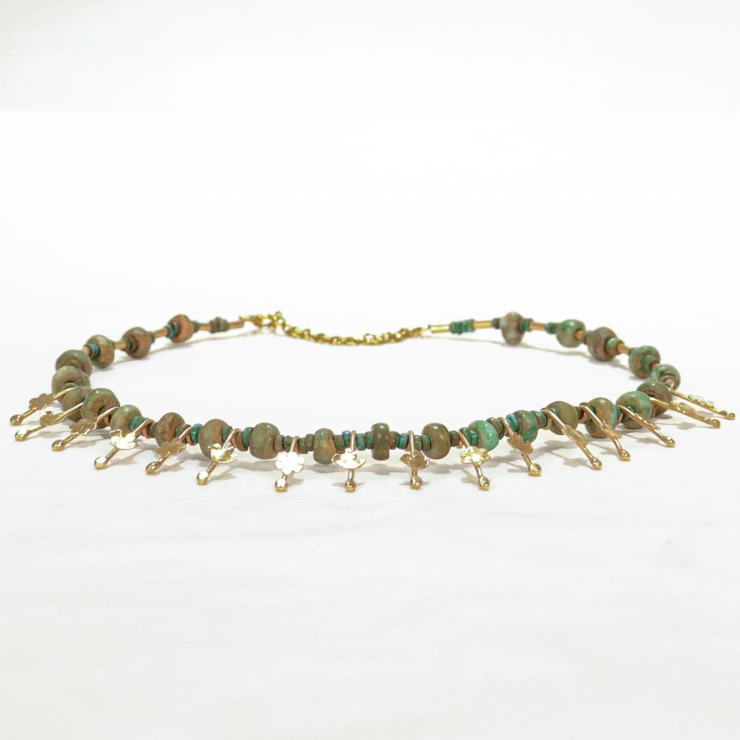 Bead Signed Etruscan Revival Style 14k Gold & Jade Choker Necklace by Resia Schor For Sale