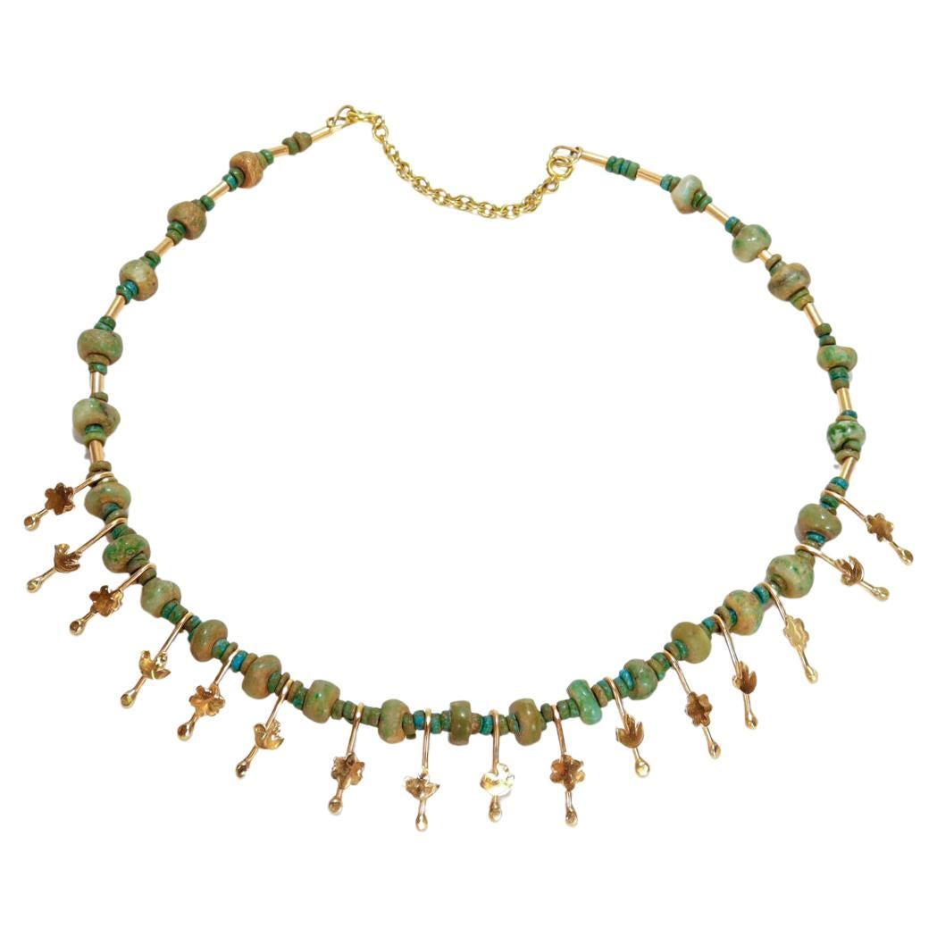 Signed Etruscan Revival Style 14k Gold & Jade Choker Necklace by Resia Schor