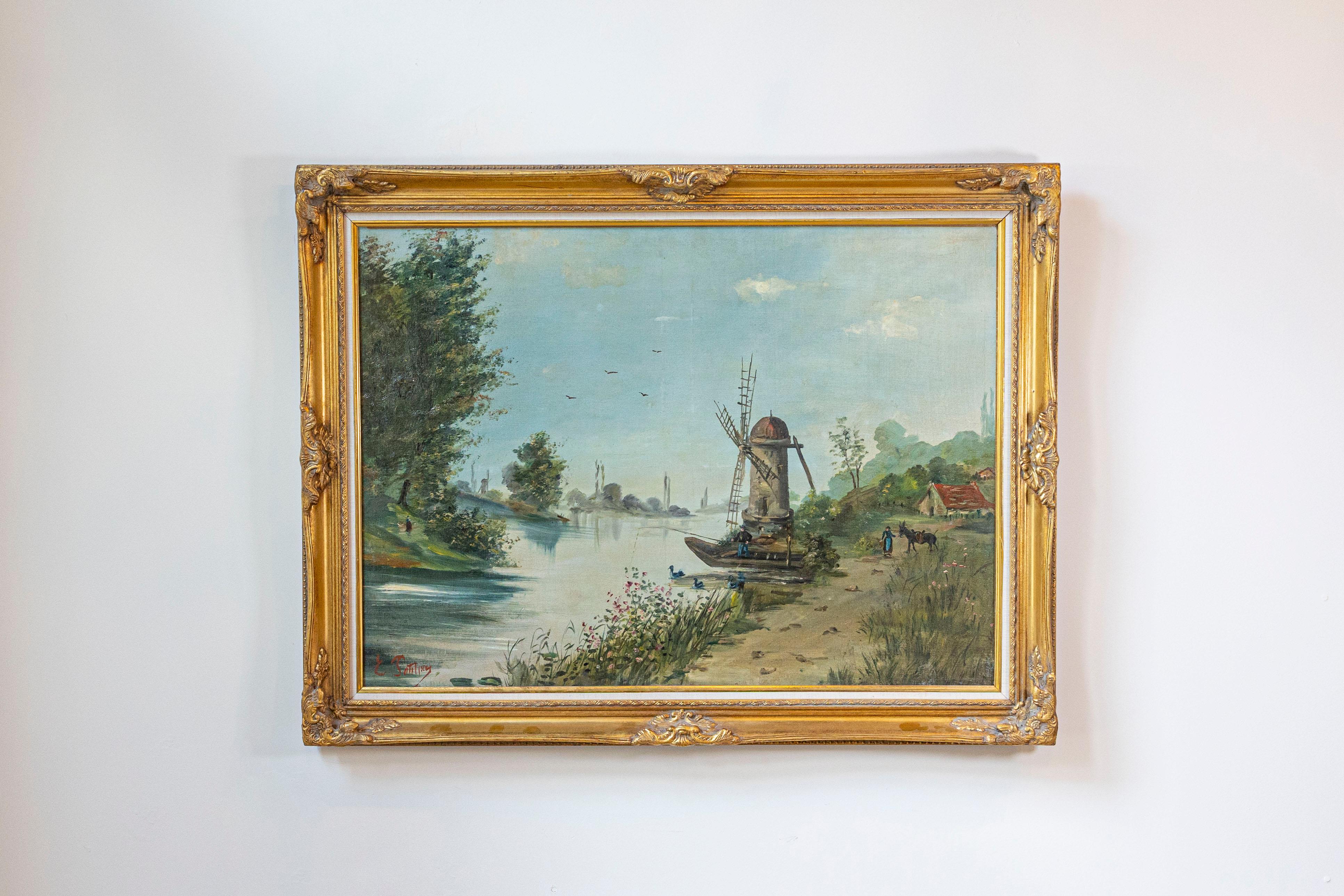 Ein französisches Landschaftsgemälde in Öl auf Leinwand aus dem frühen 20. Jahrhundert mit vergoldetem Rahmen, signiert Eugène Petitpas. Dieses charmante Gemälde in Öl auf Leinwand, das in Frankreich in den ersten Jahren des 20. Jahrhunderts