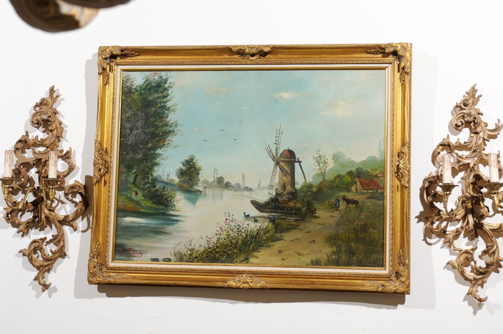 French Signed Eugène Petitpas 1902 Oil on Canvas Landscape Painting in Giltwood Frame For Sale